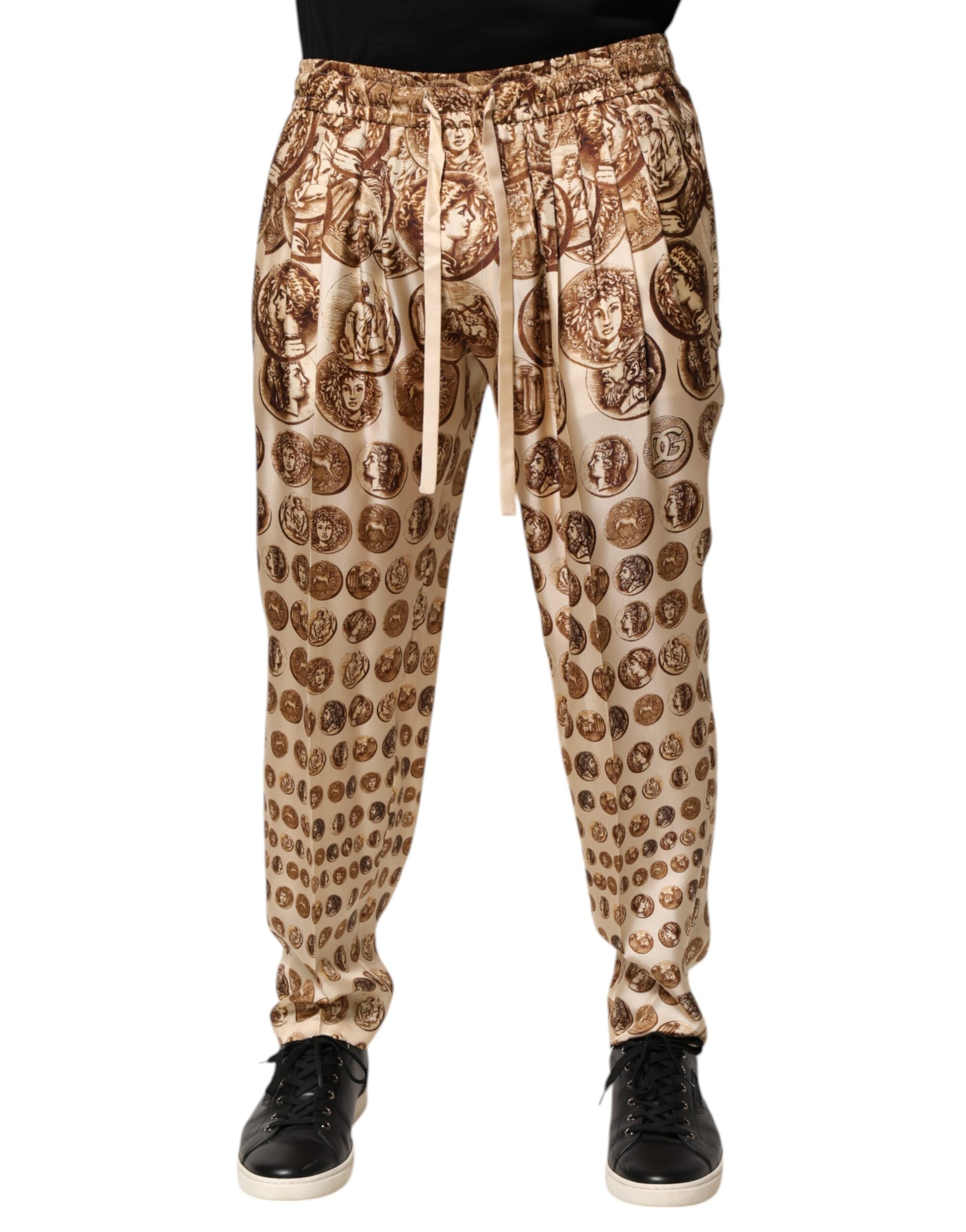 Dolce & Gabbana Beige Coin Print Silk Twill Men Jogger Pants