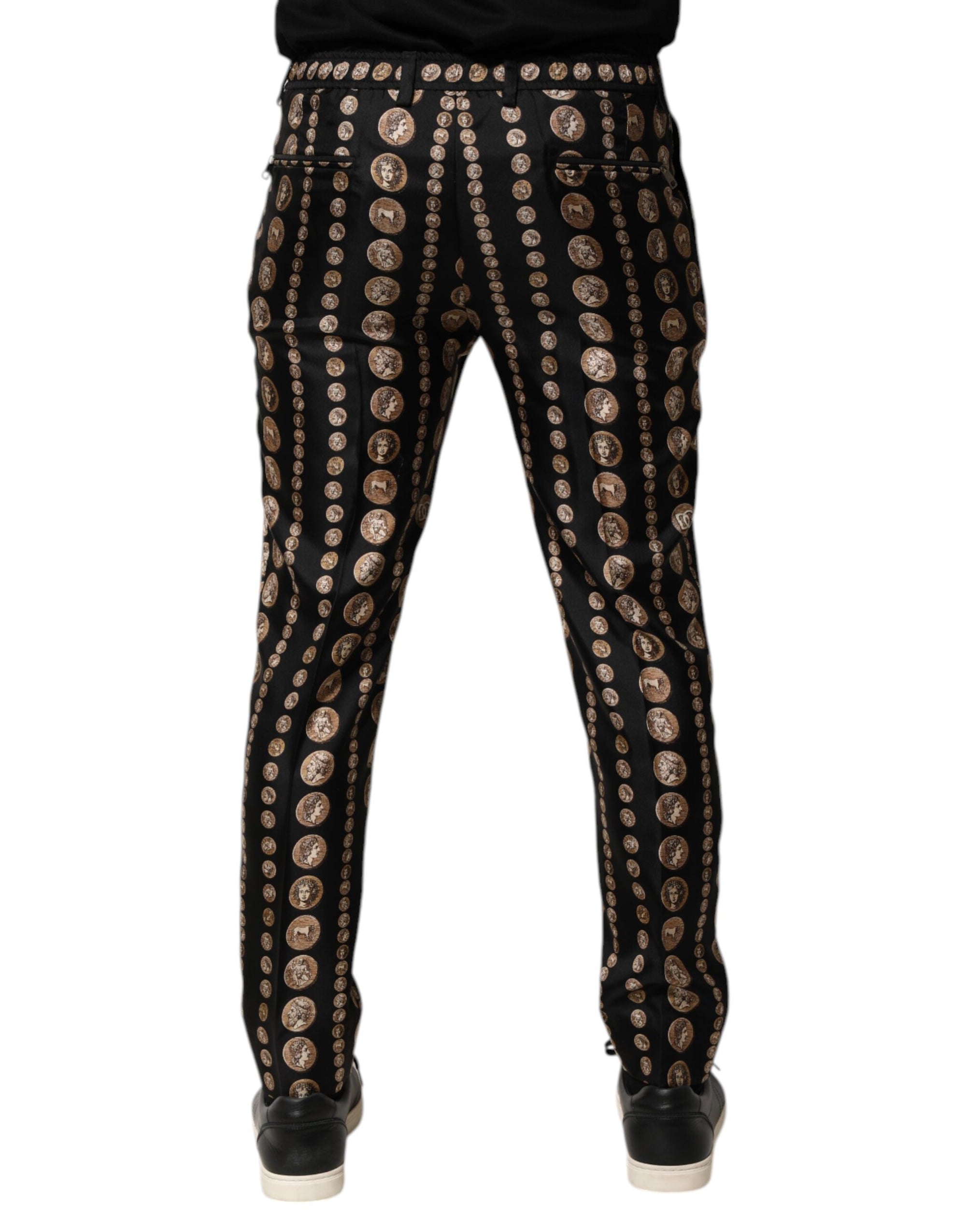 Dolce & Gabbana Black Coin Print Silk Skinny Men Trouser Pants