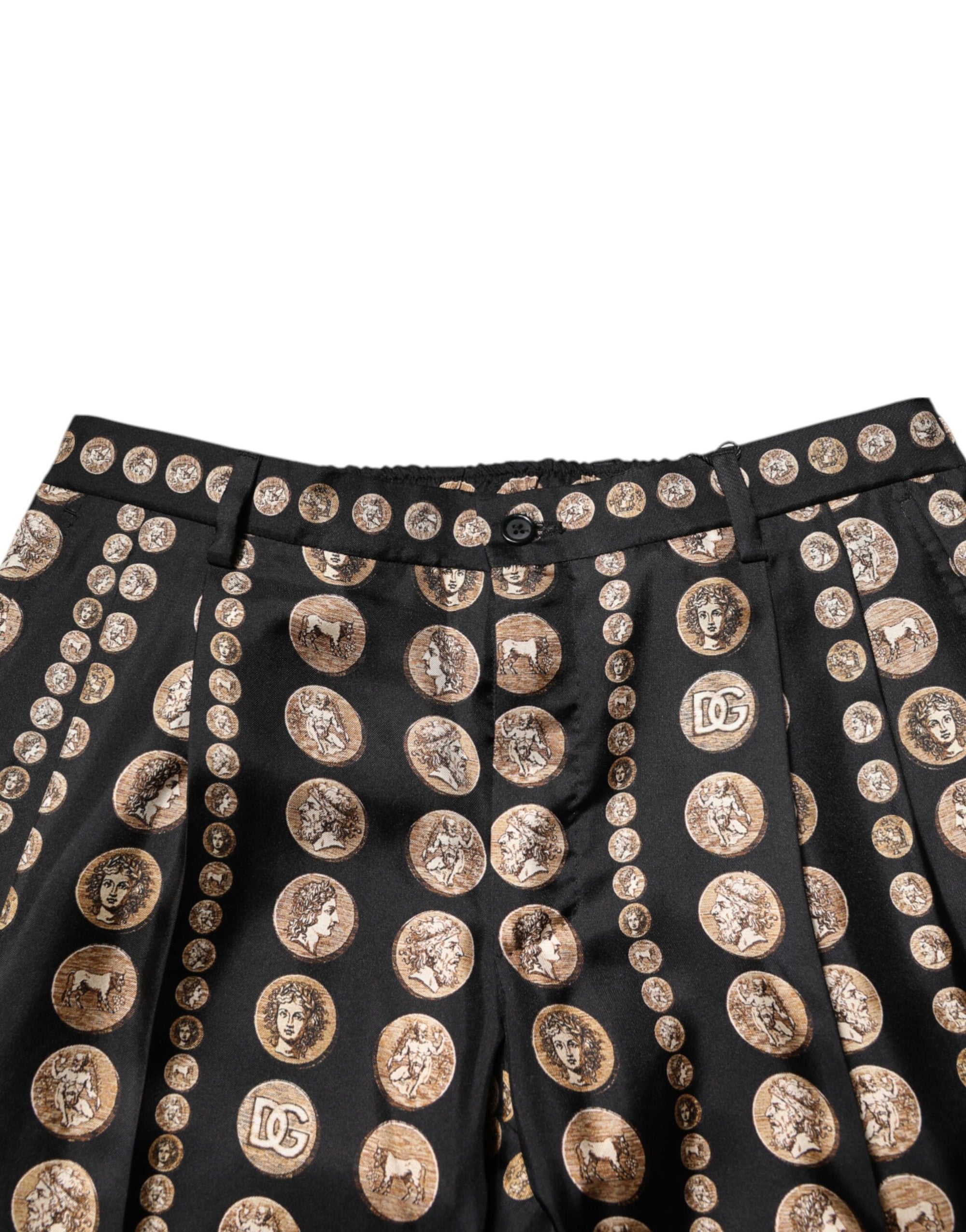 Dolce & Gabbana Black Coin Print Silk Skinny Men Trouser Pants