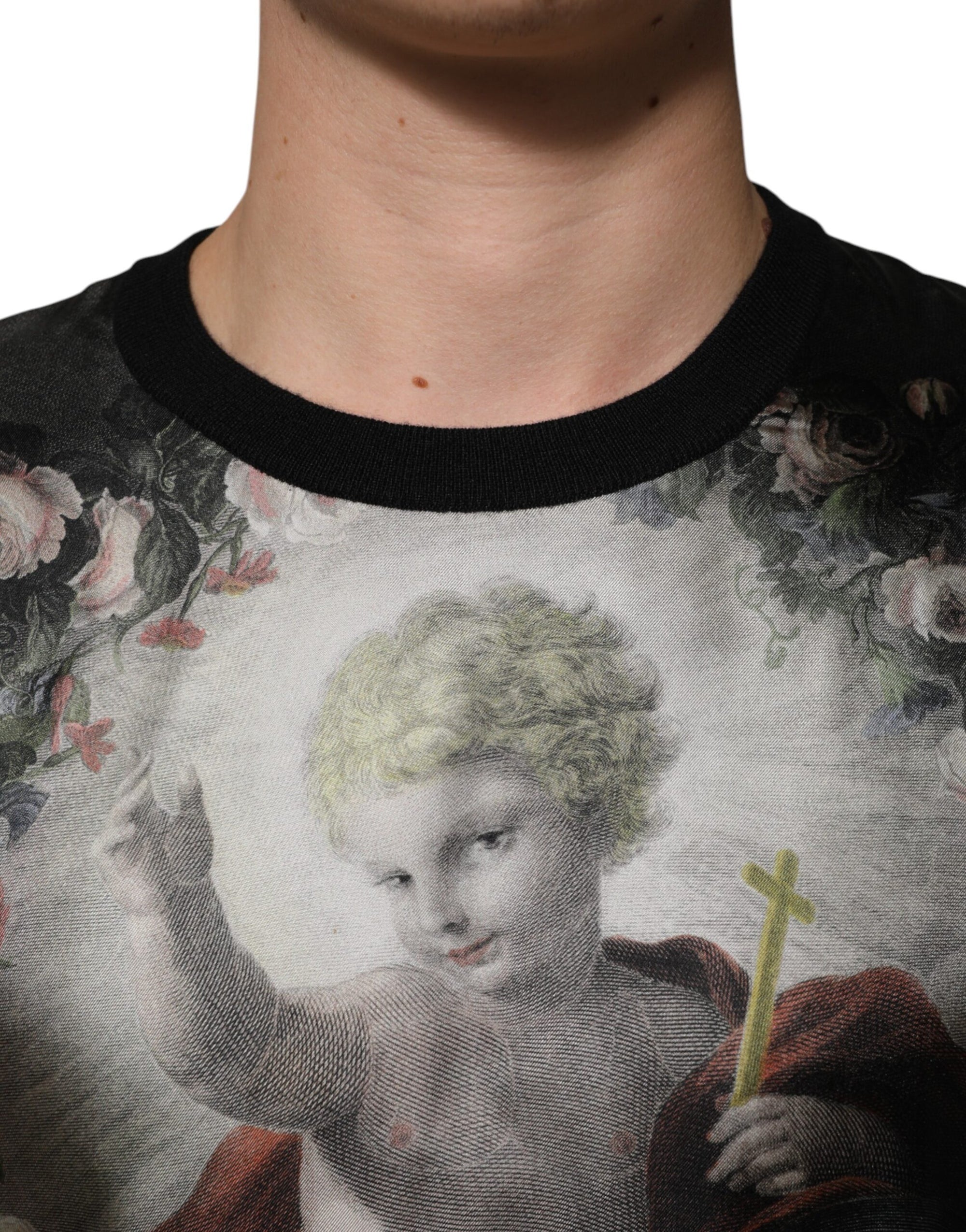 Dolce & Gabbana Black Cashmere Cherub Print Baroque Sweater