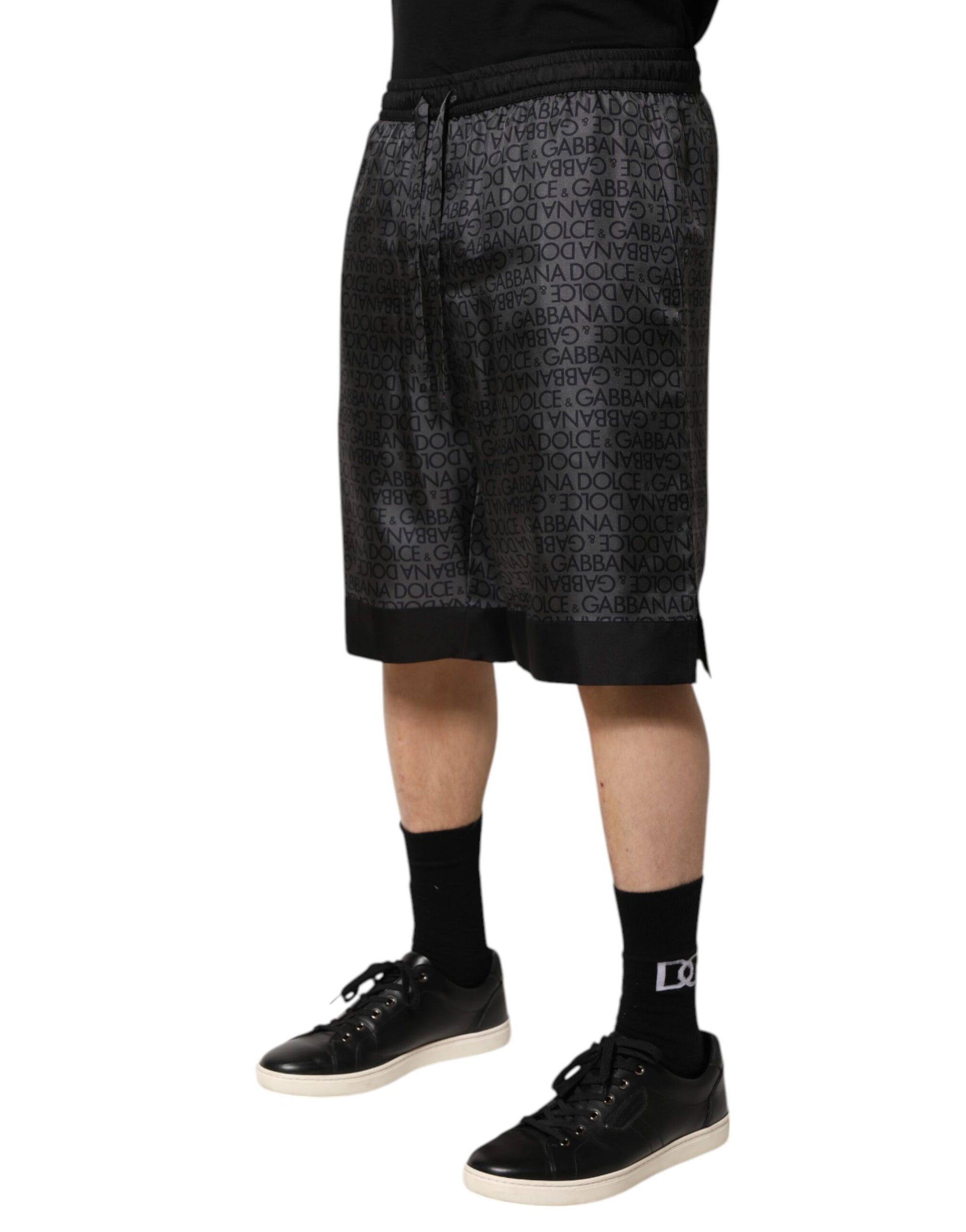 Dolce & Gabbana Gray Black Silk DG Logo Men Bermuda Shorts