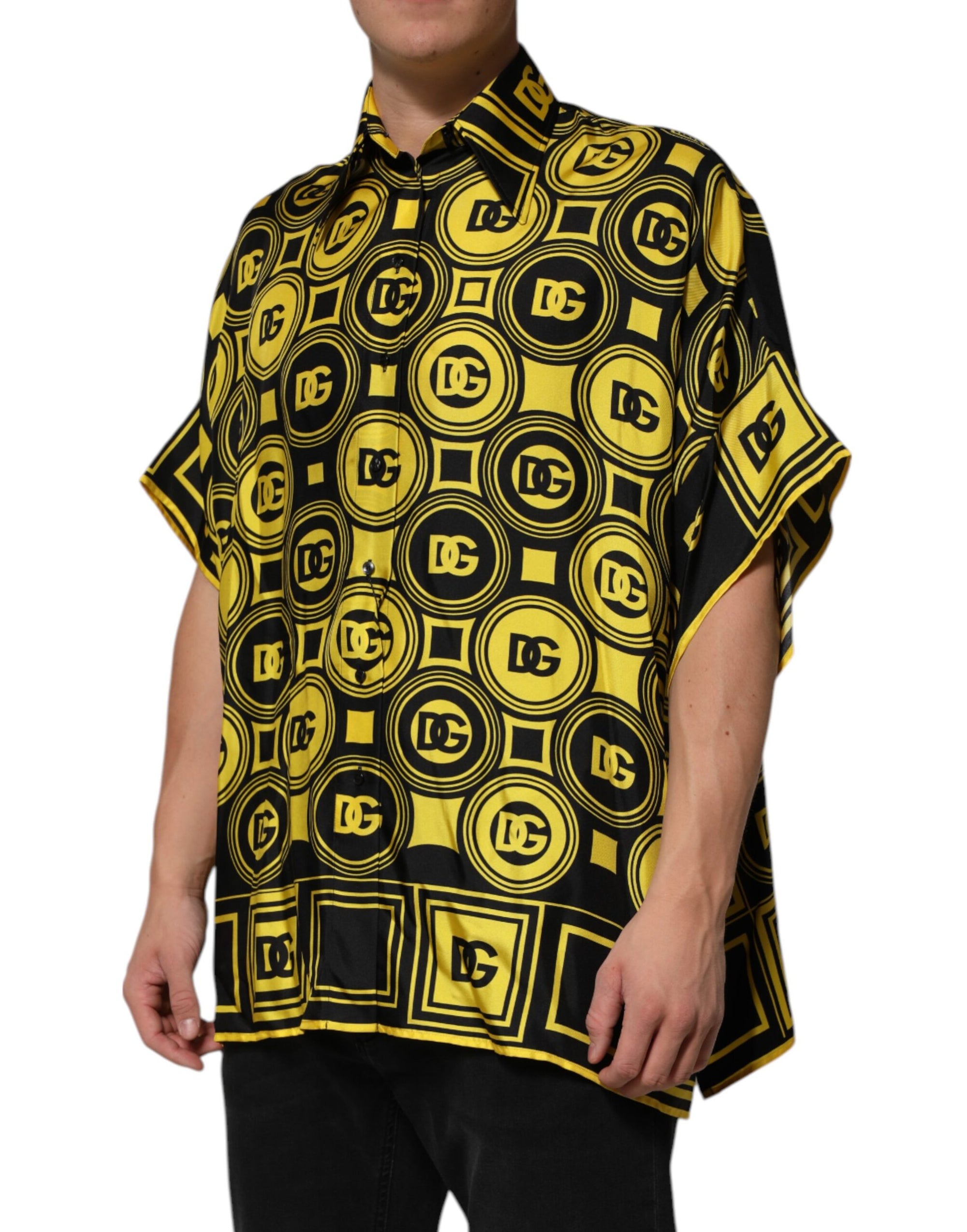 Dolce & Gabbana Yellow Silk Silver DG Logo Geometric T-shirt