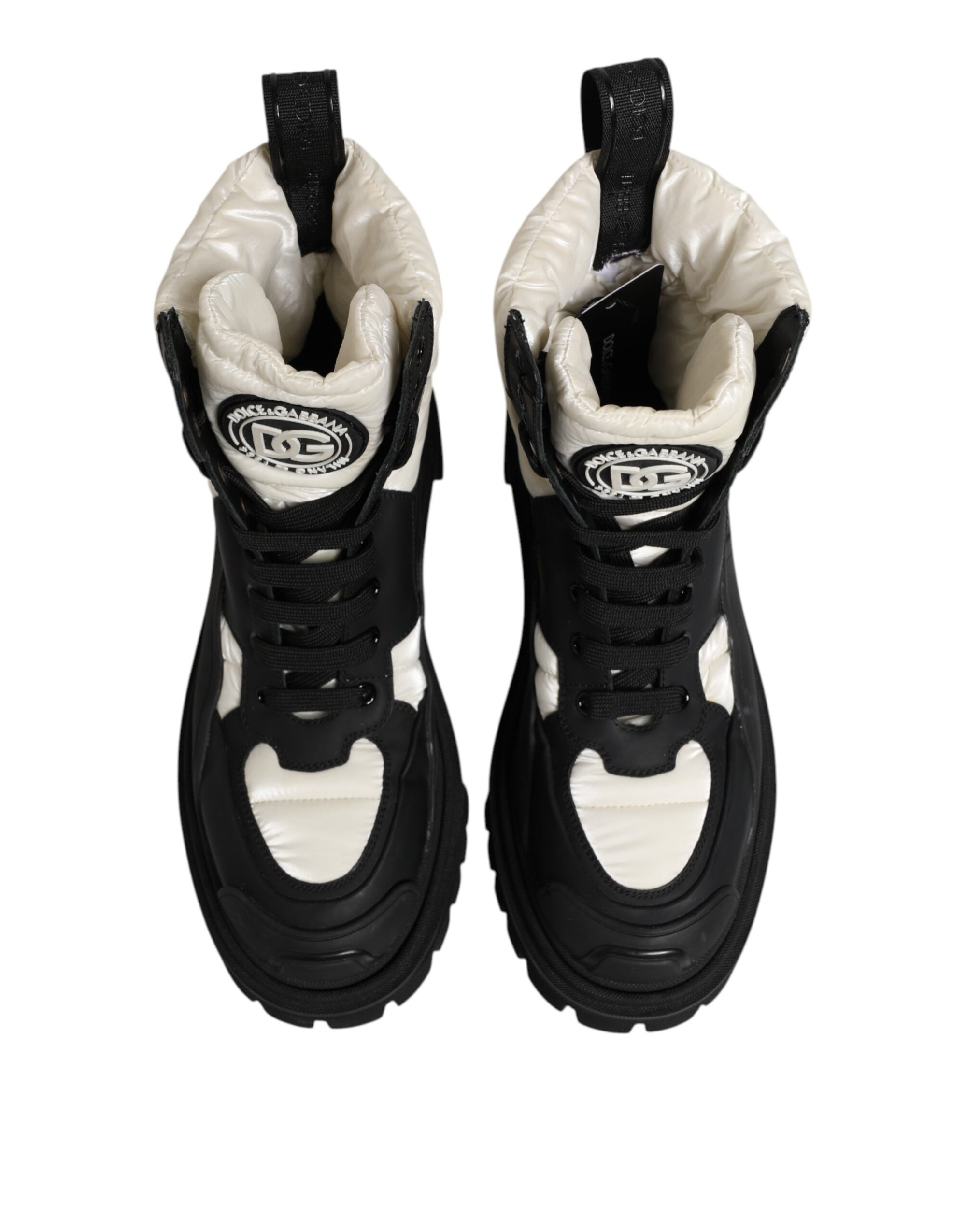Dolce & Gabbana Black White Padded Mid Calf Lace Up Boots Shoes