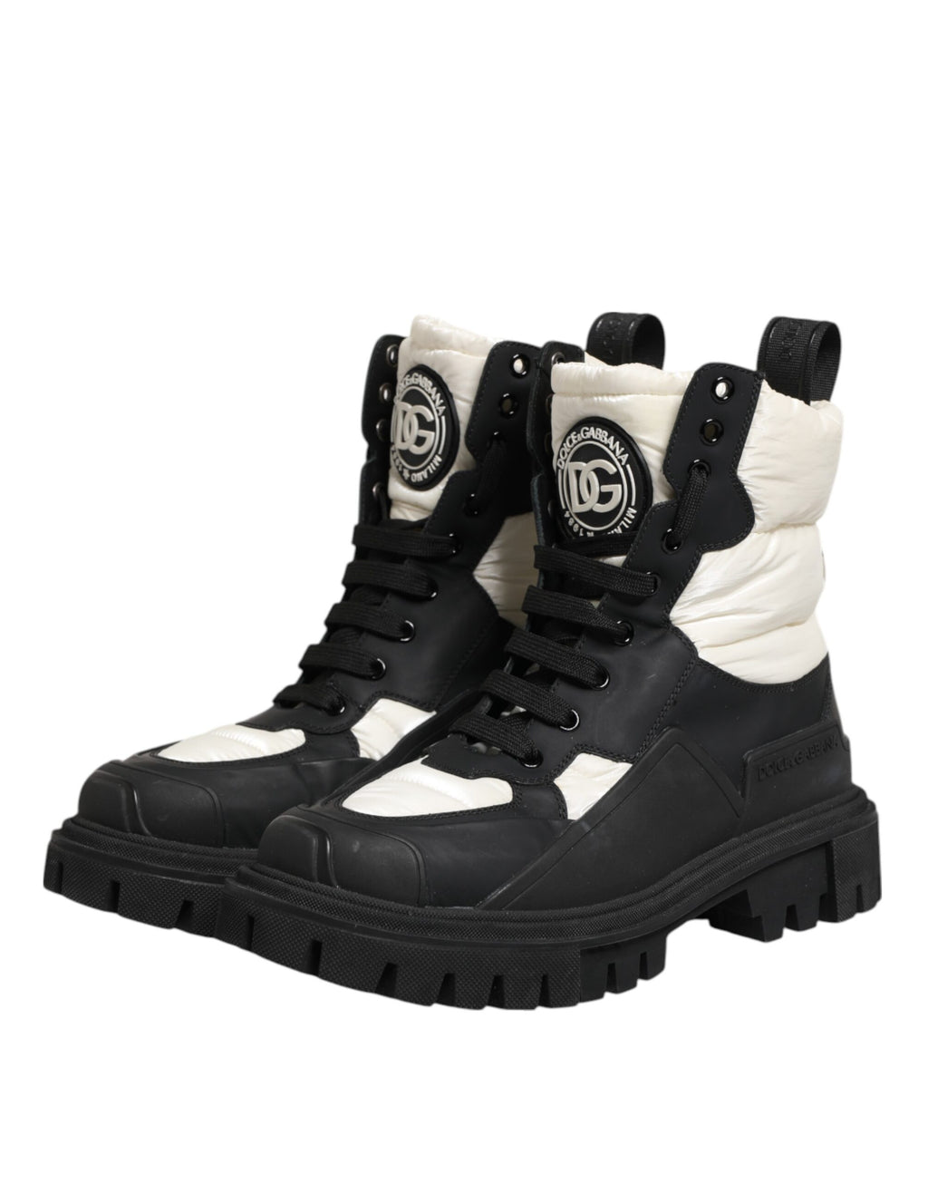 Dolce & Gabbana Black White Padded Mid Calf Lace Up Boots Shoes