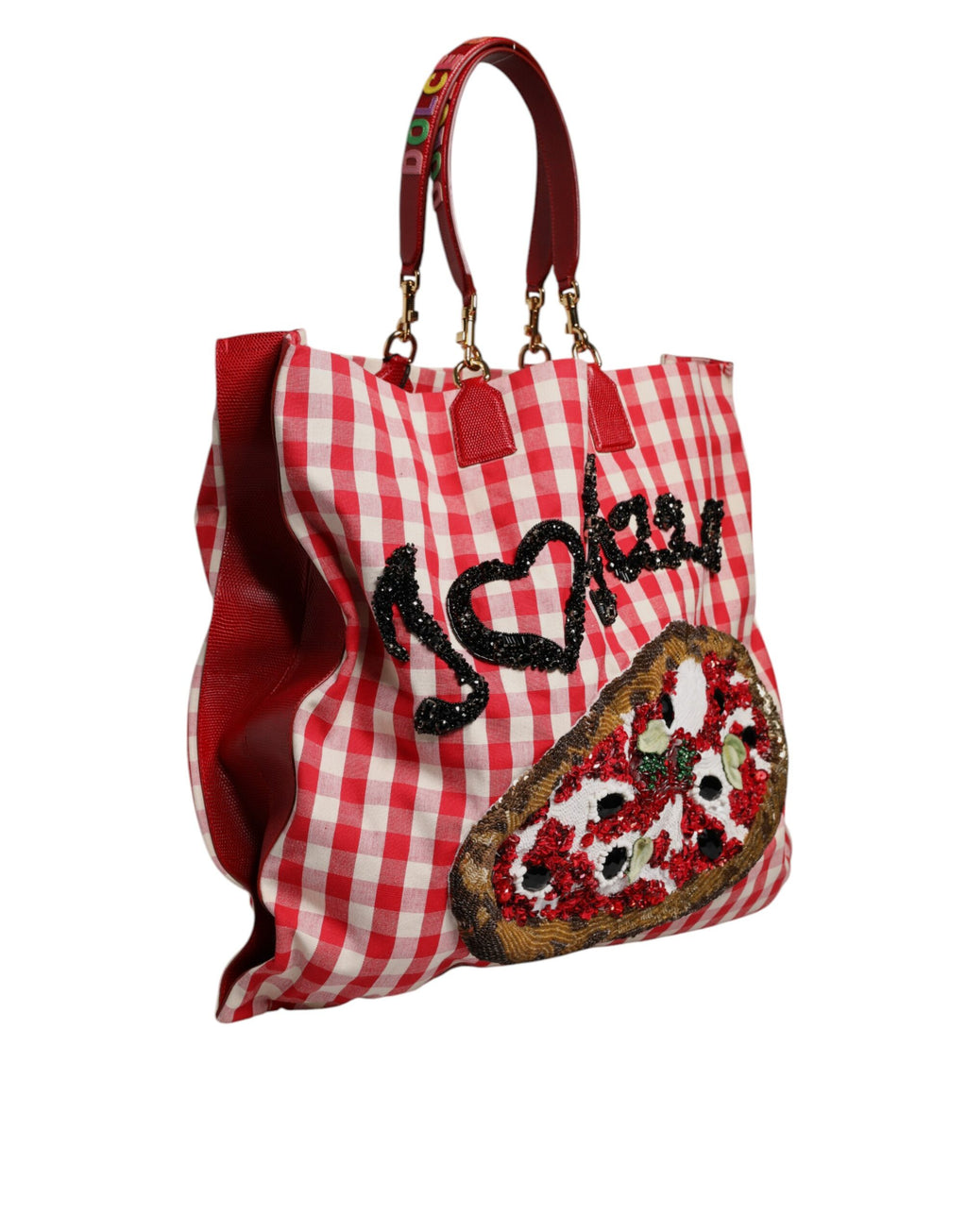 Dolce & Gabbana Red I Love Pizza Rhinestone Embellished Tote Bag