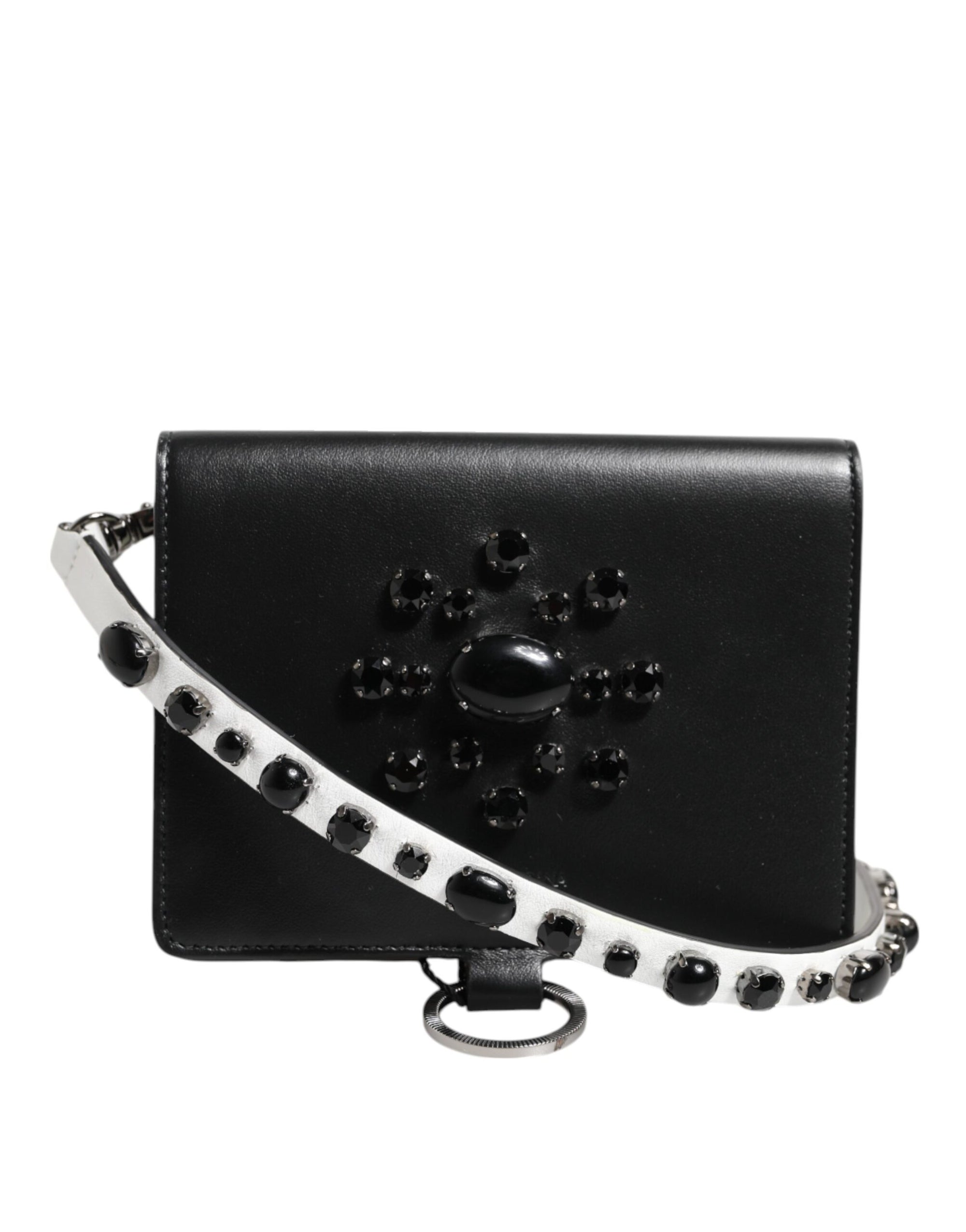 Dolce & Gabbana Black Leather Crystal Embellished Card Holder Wallet