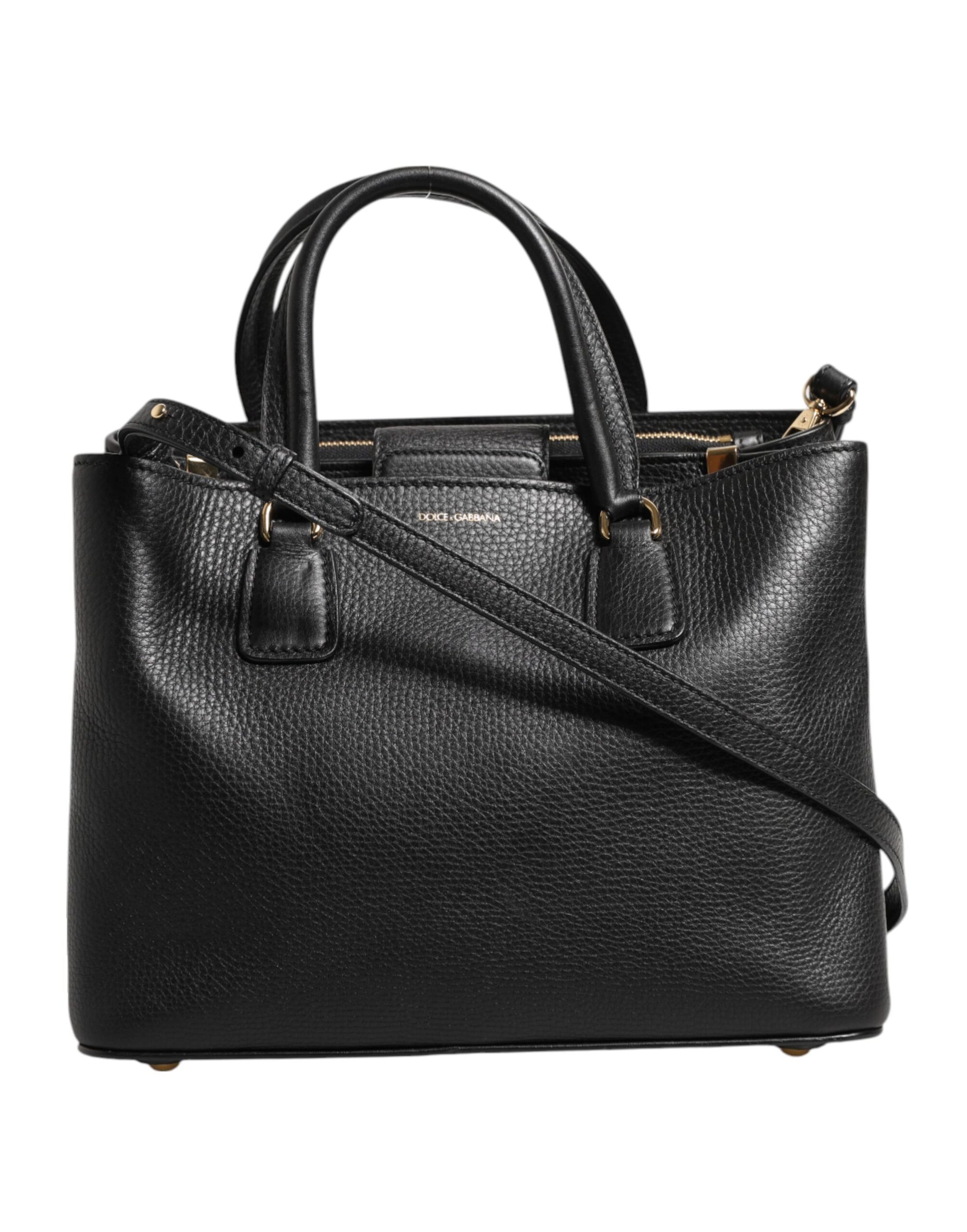 Dolce & Gabbana Black Calf Leather Logo Plaque Shoulder Tote Bag