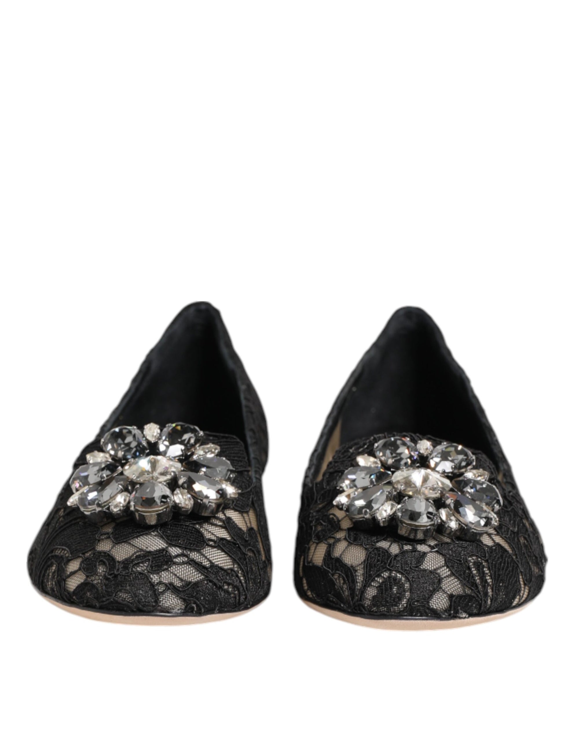 Dolce & Gabbana Black Taormina Lace Crystals Flats Shoes