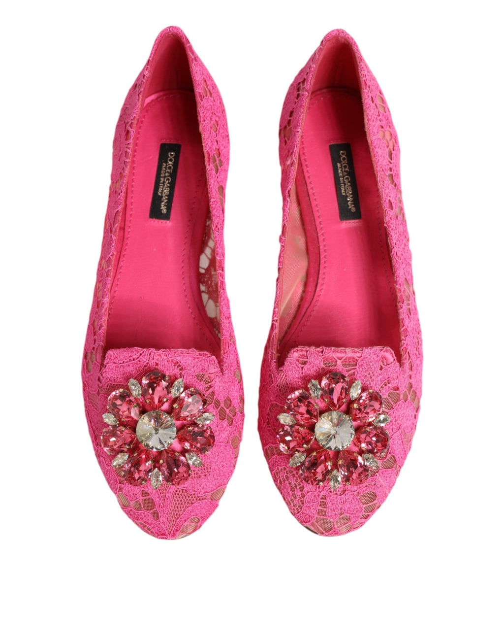 Dolce & Gabbana Pink Taormina Lace Crystals Flats Shoes