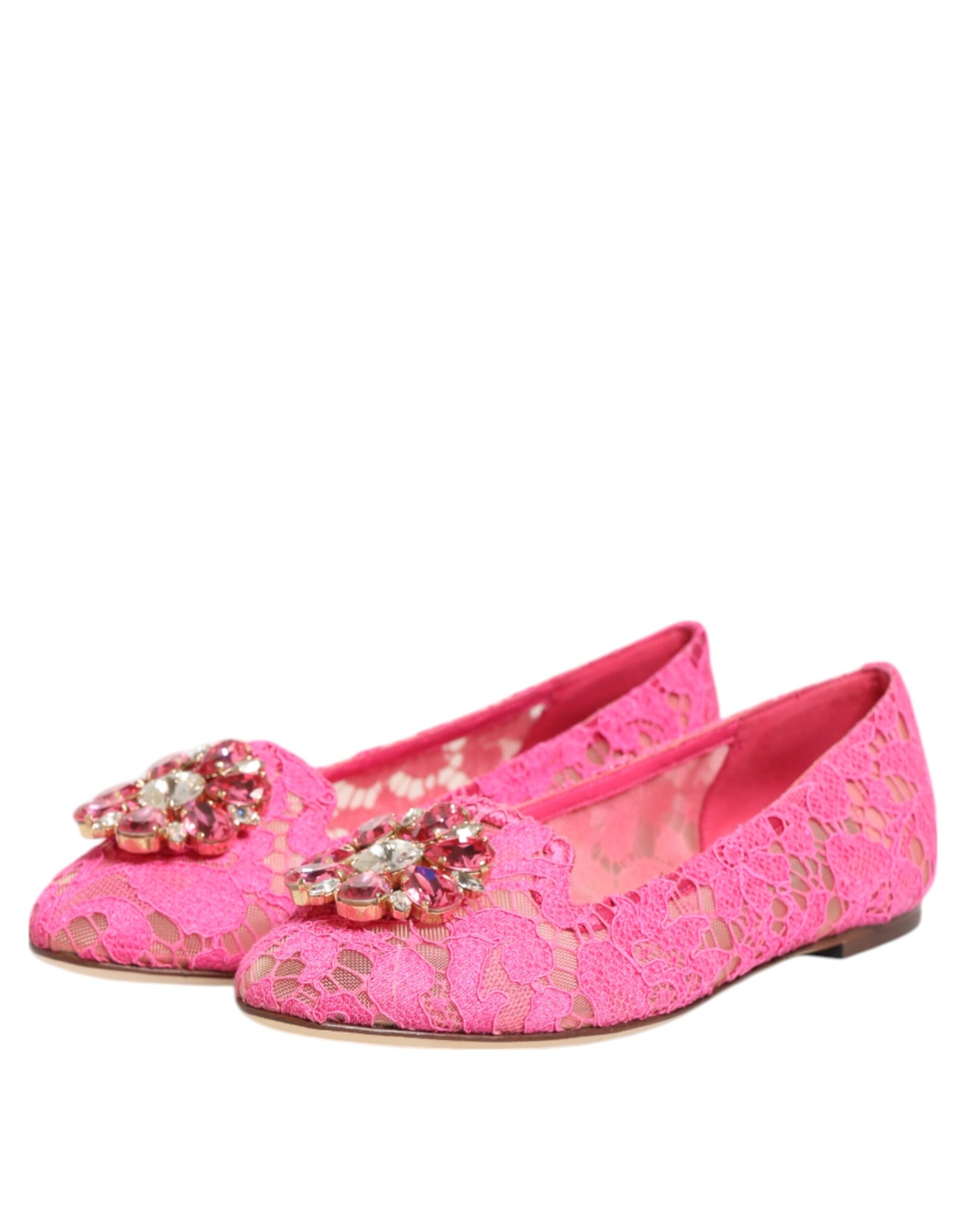 Dolce & Gabbana Pink Taormina Lace Crystals Flats Shoes