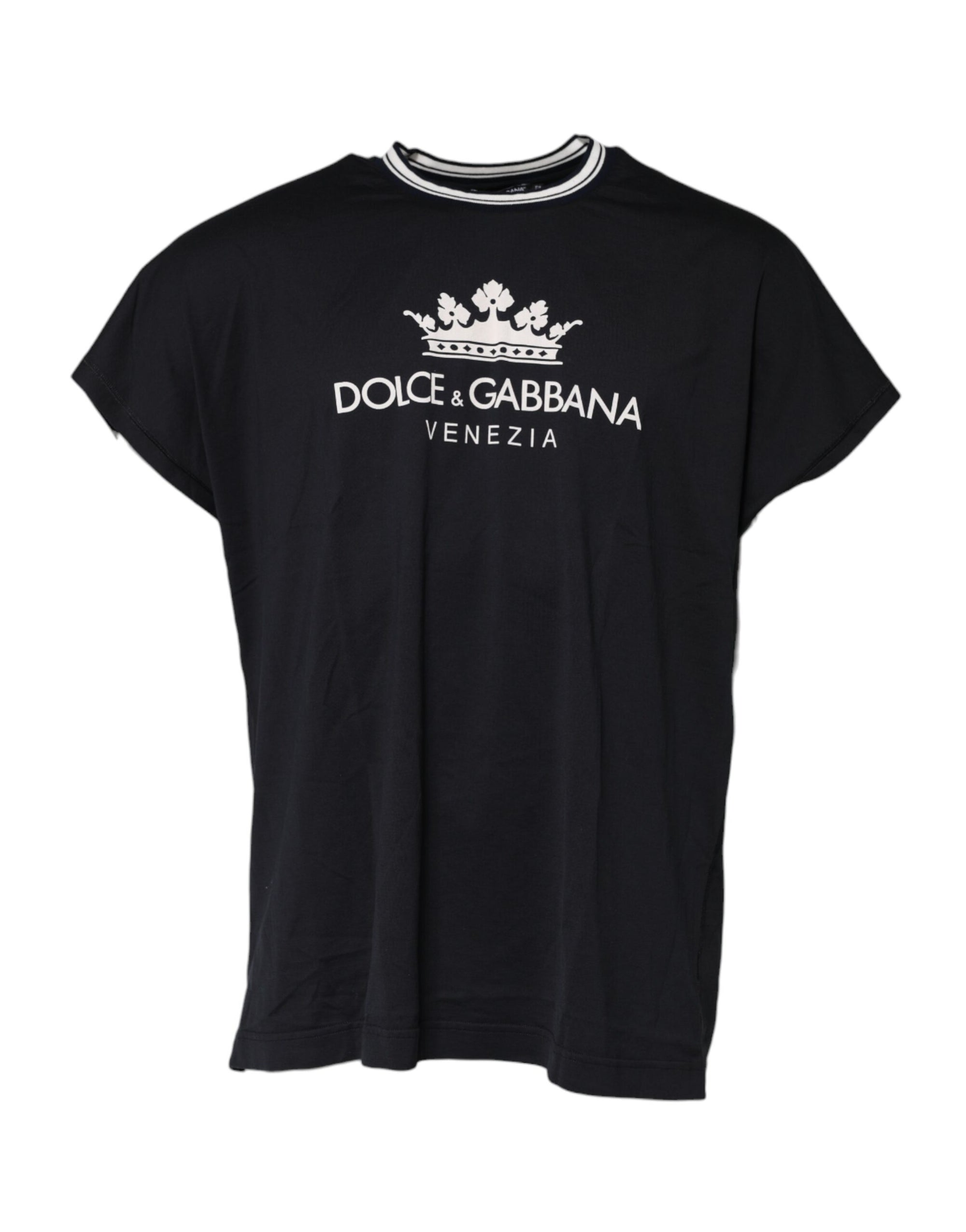 Dolce & Gabbana Dark Blue Venezia Crown Cotton Crew Neck T-shirt