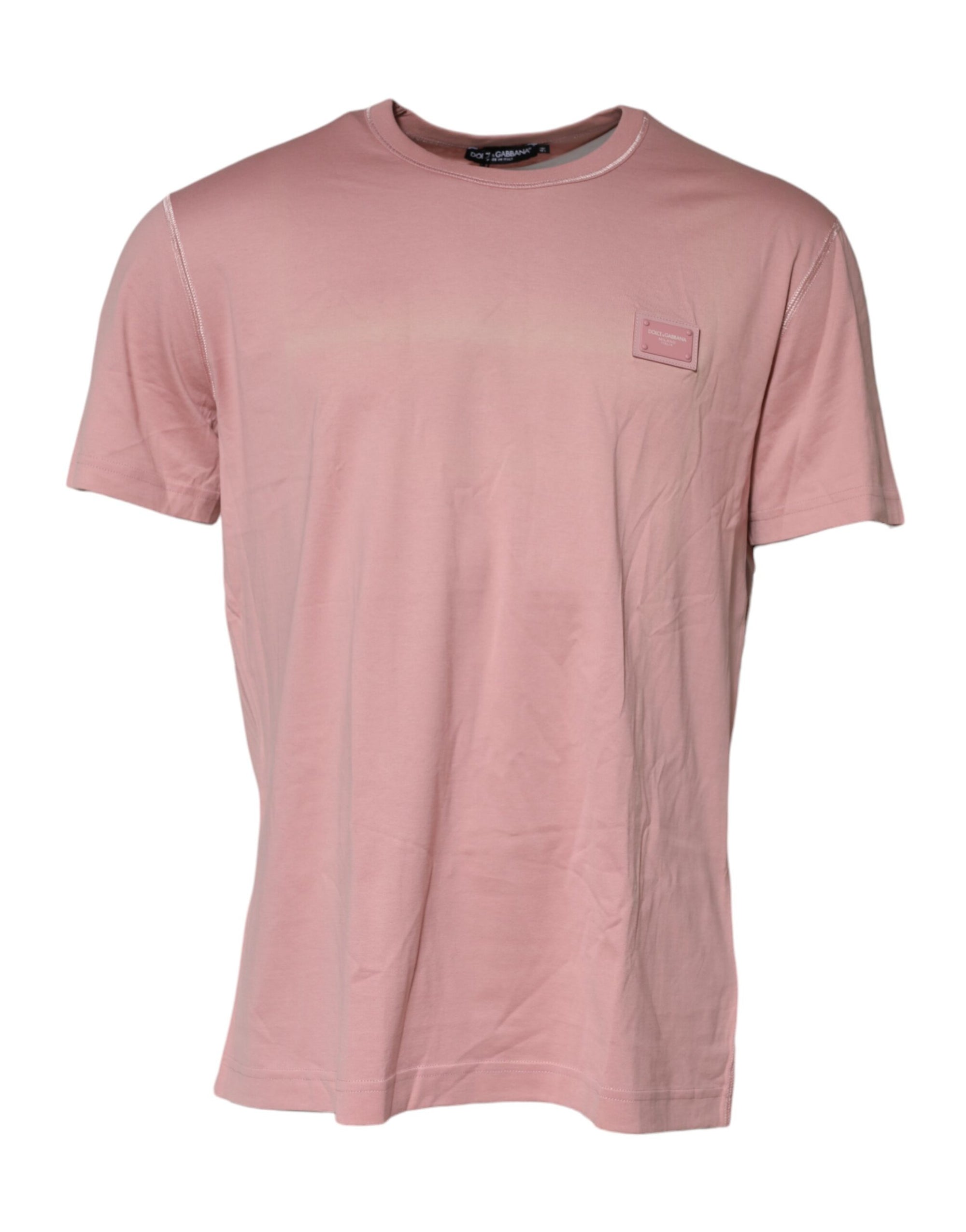Dolce & Gabbana Pink Logo Plaque Cotton Crew Neck T-shirt
