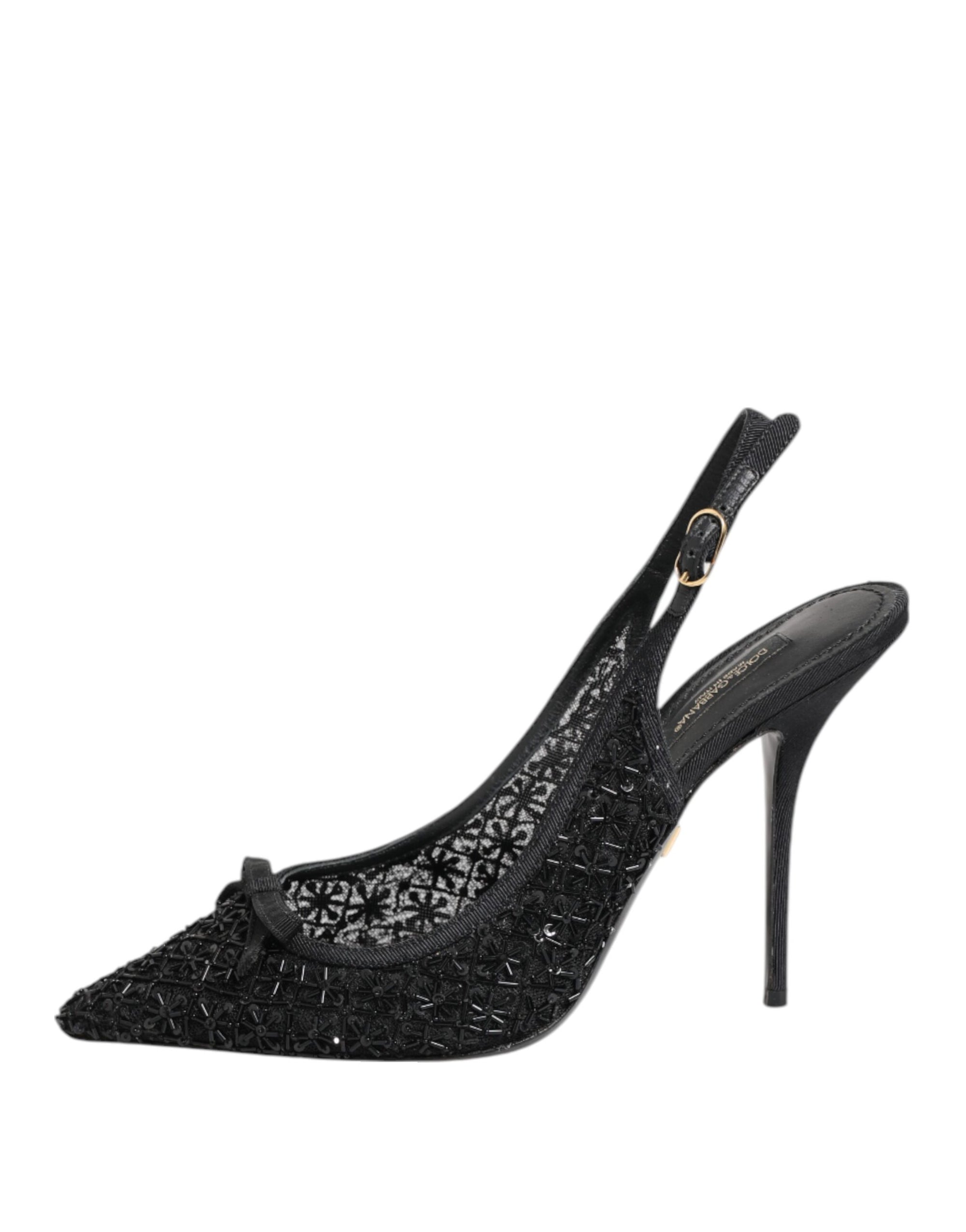 Dolce & Gabbana Black Tulle Ricamo Heels Slingbacks Shoes