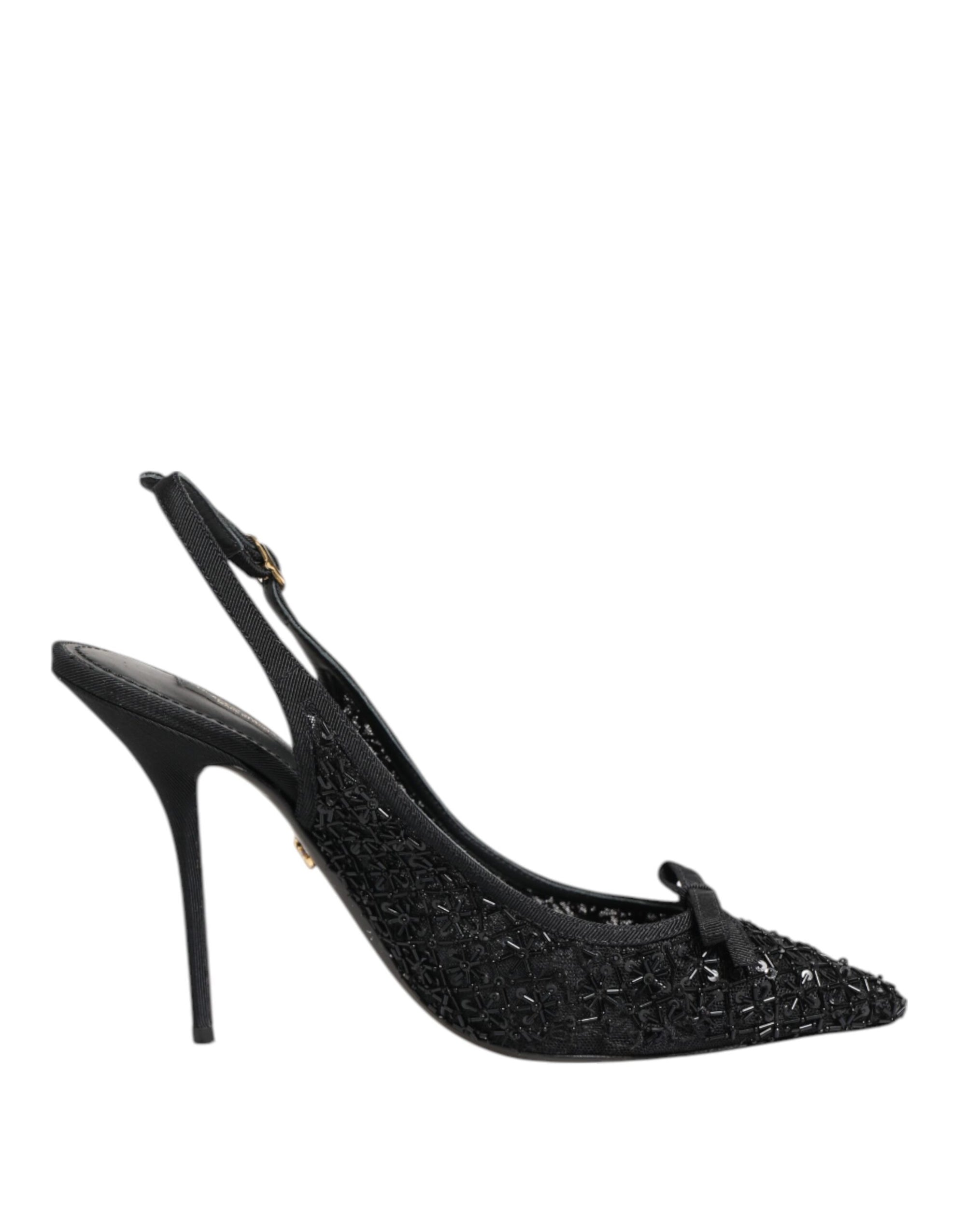 Dolce & Gabbana Black Tulle Ricamo Heels Slingbacks Shoes