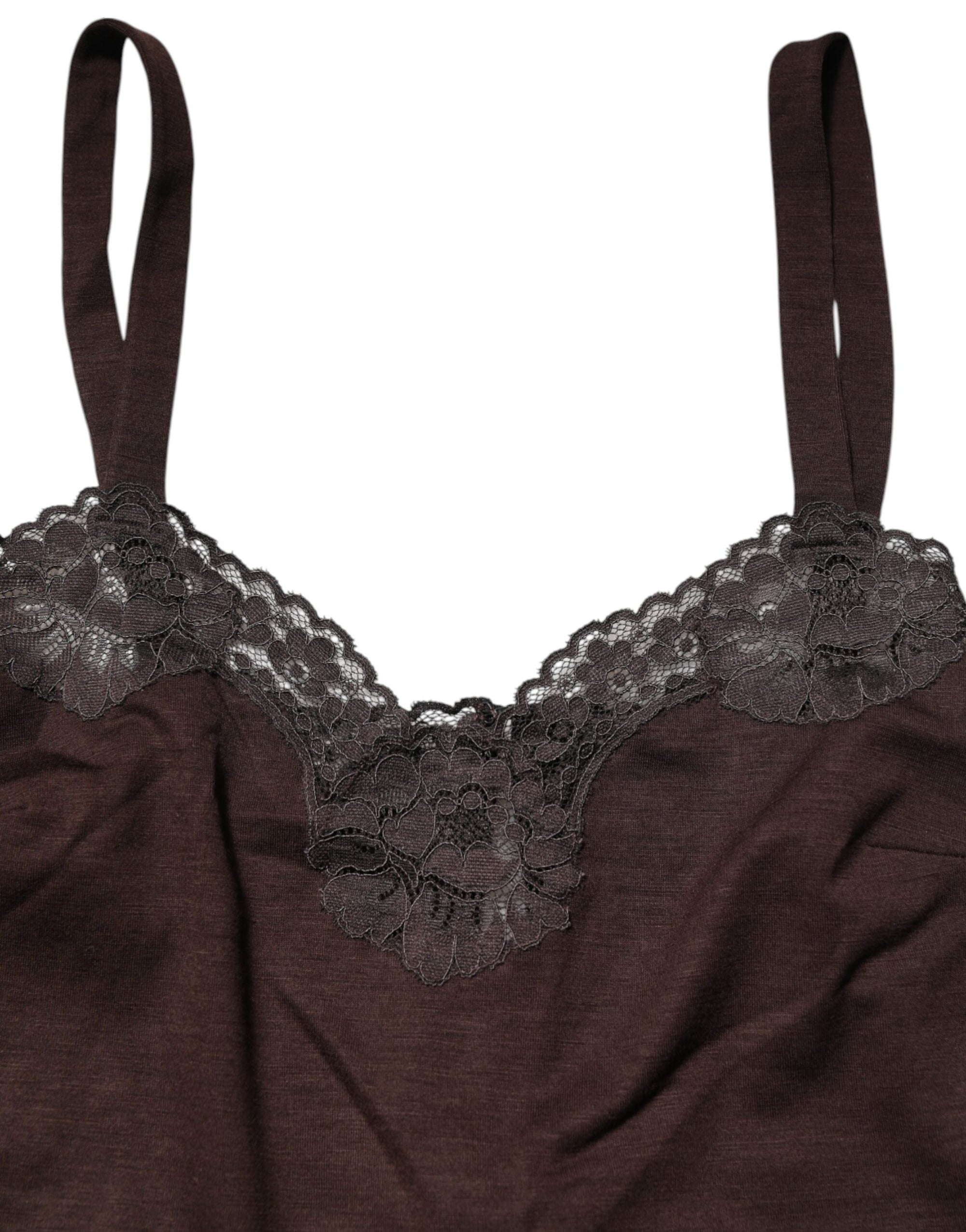 Dolce & Gabbana Dark Brown Lace Trim Wool Sleeveless Tank Top