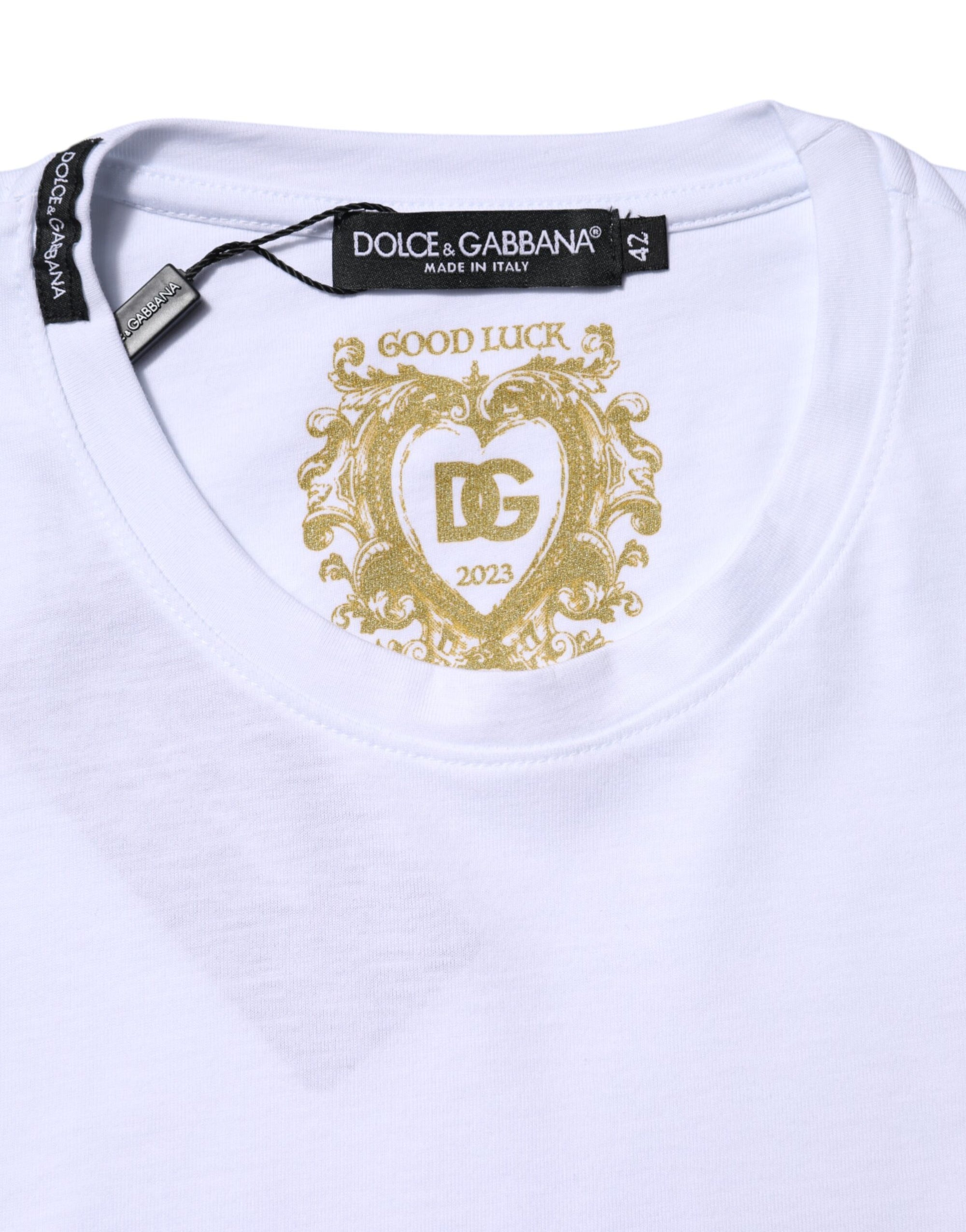 Dolce & Gabbana White Cotton Goodluck 2023 Crew Neck T-shirt
