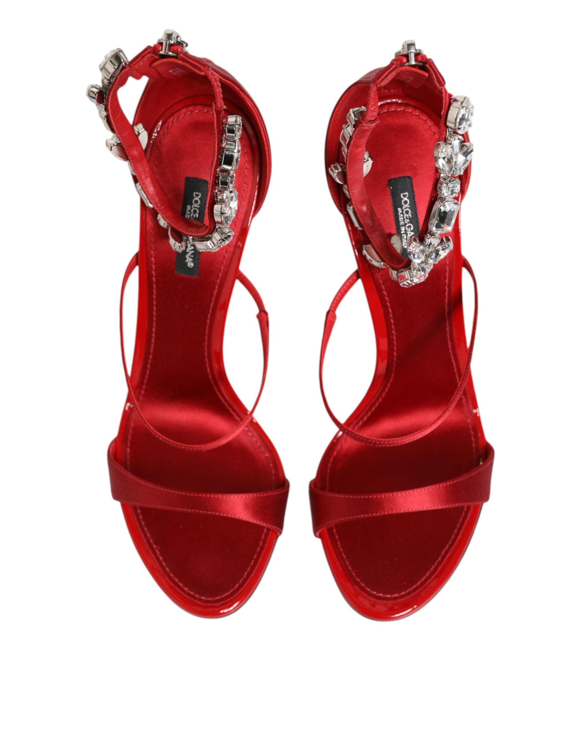 Dolce & Gabbana Red Satin Crystals Keira Sandals Heel Shoes