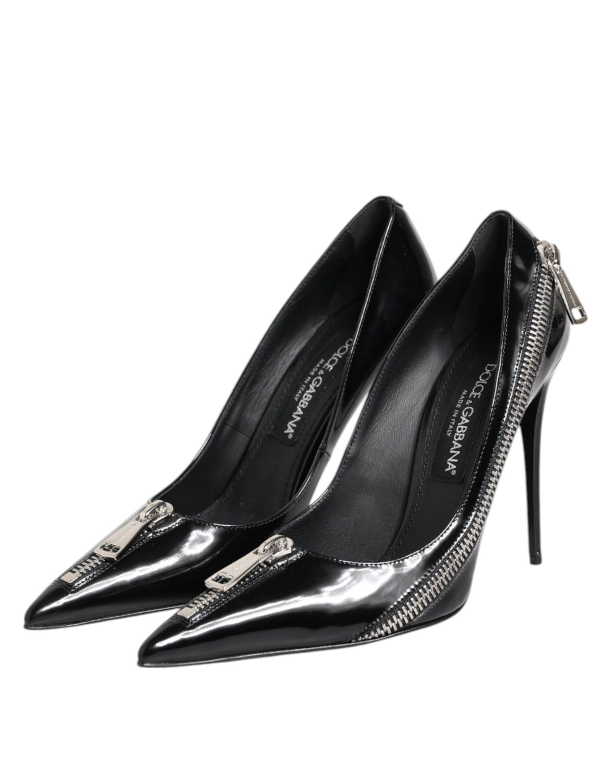 Dolce & Gabbana Black Patent Leather Zipper Heels Pumps Shoes