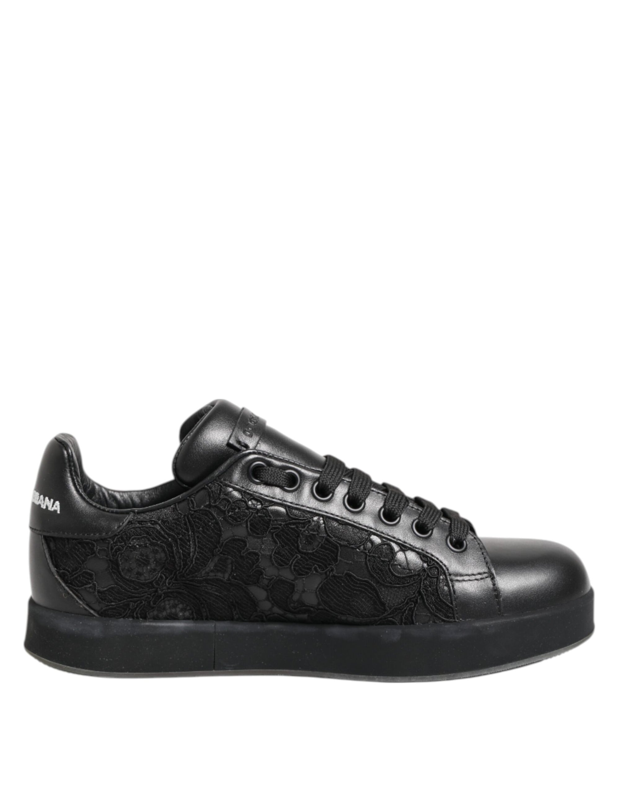 Dolce & Gabbana Black Floral Lace Low Top Sneakers Shoes