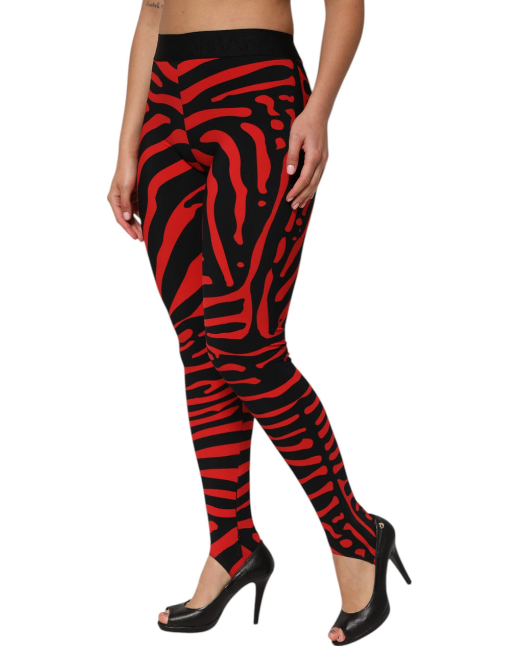 Dolce & Gabbana Black Red Nylon Logo Waisted Leggings Pants