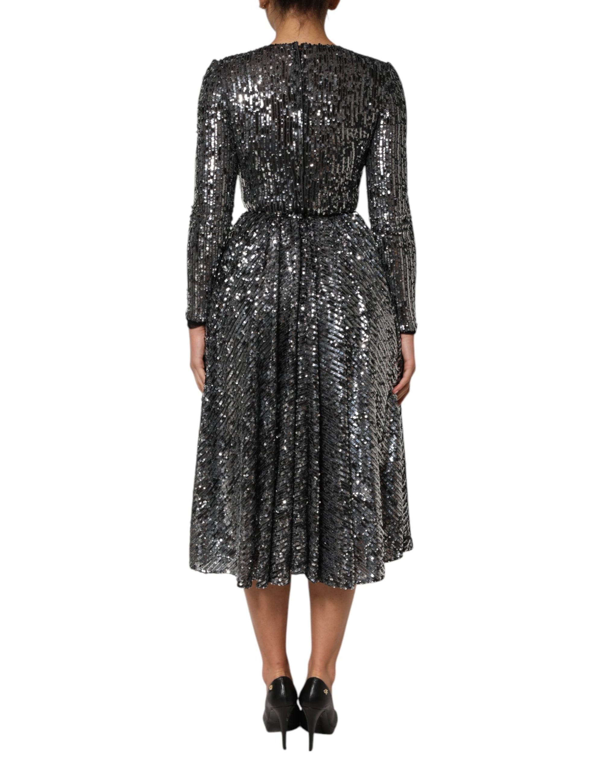 Dolce & Gabbana Black Sequined Long Sleeves Midi A-line  Dress