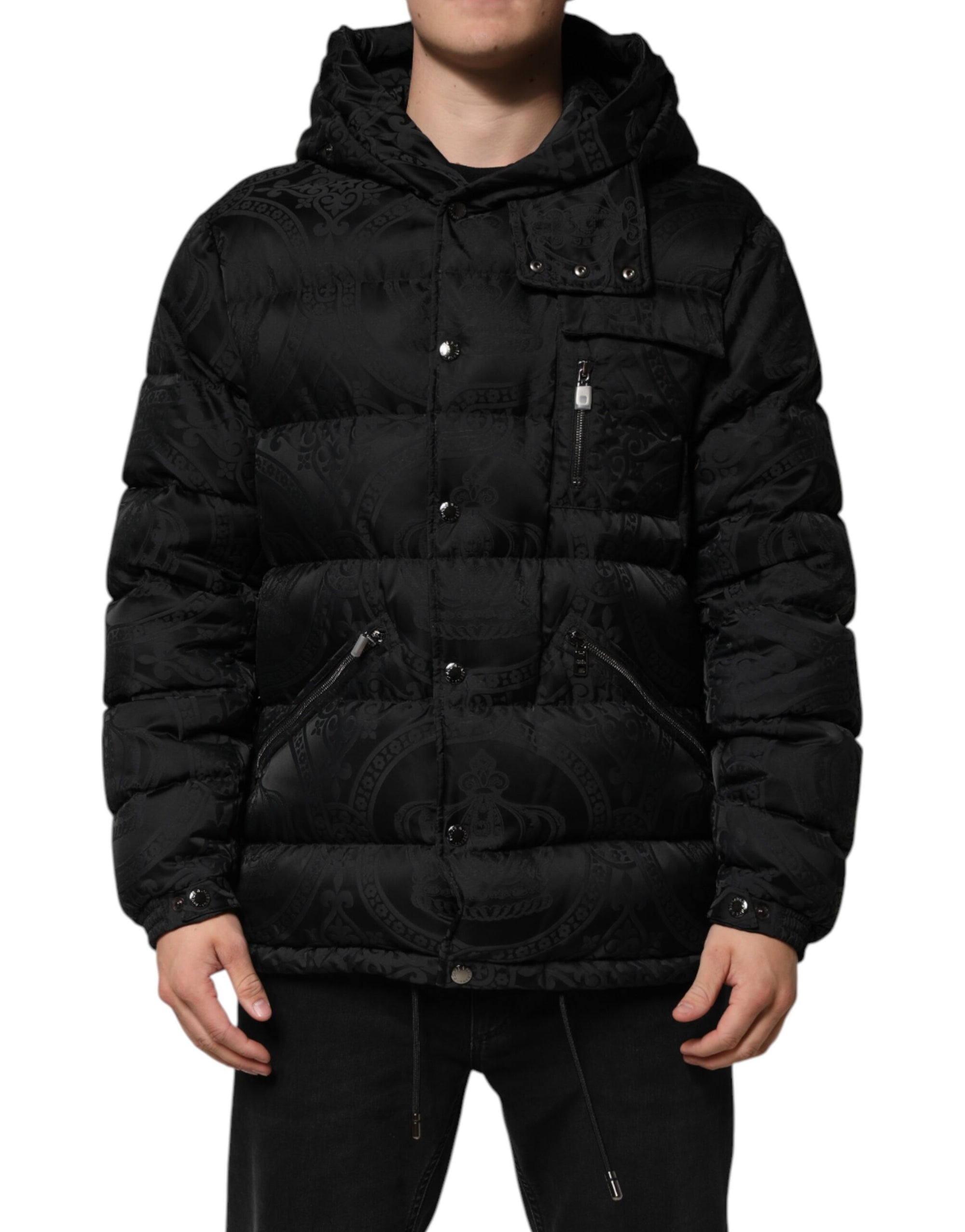 Dolce & Gabbana Black Jacquard Quilted Puffer Hooded Jacket