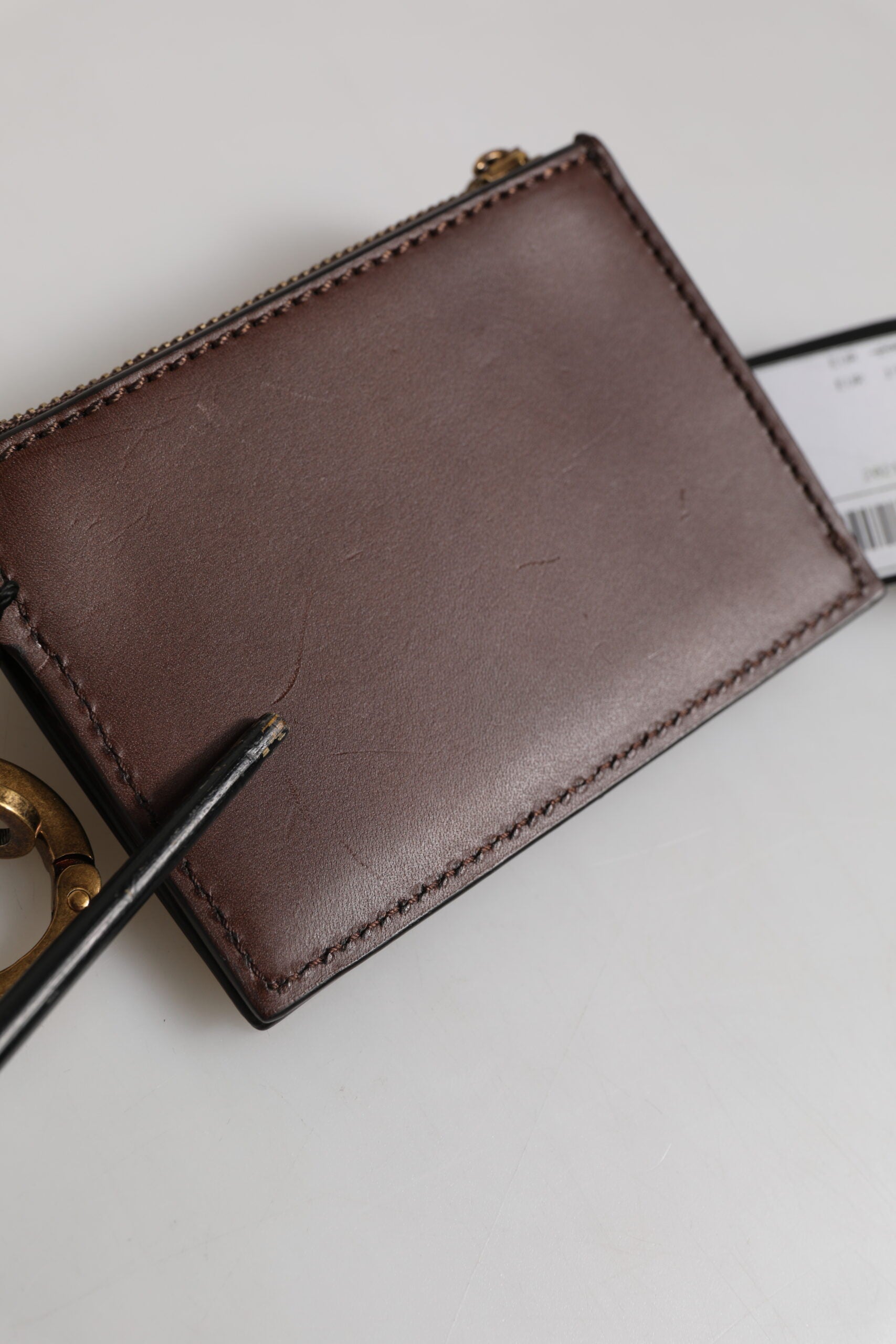 Dolce & Gabbana Brown Calf Leather Zip Logo Keyring Coin Purse Men Wallet