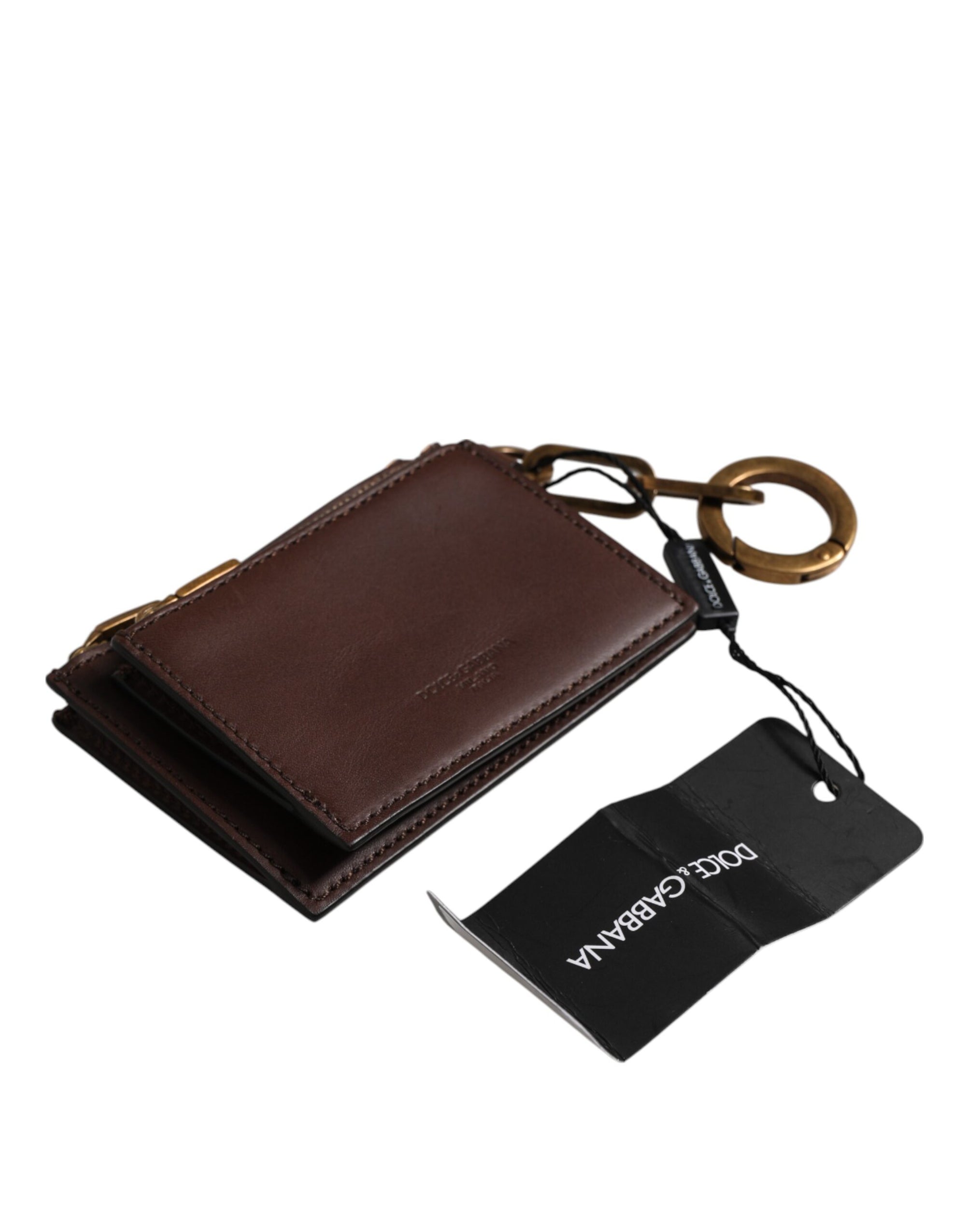 Dolce & Gabbana Brown Calf Leather Zip Logo Keyring Coin Purse Men Wallet