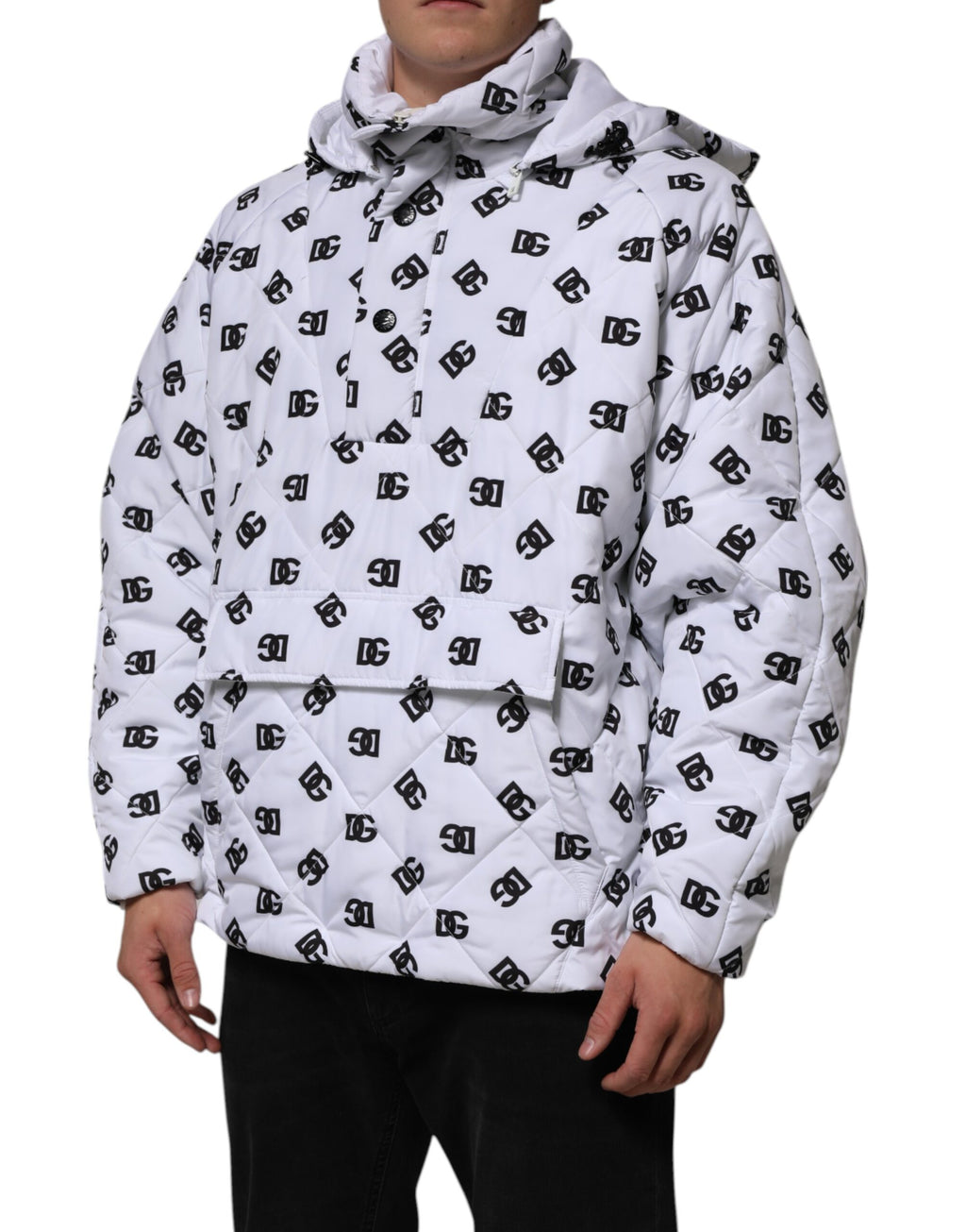 Dolce & Gabbana White DG Monogram Hooded Quilted Jacket