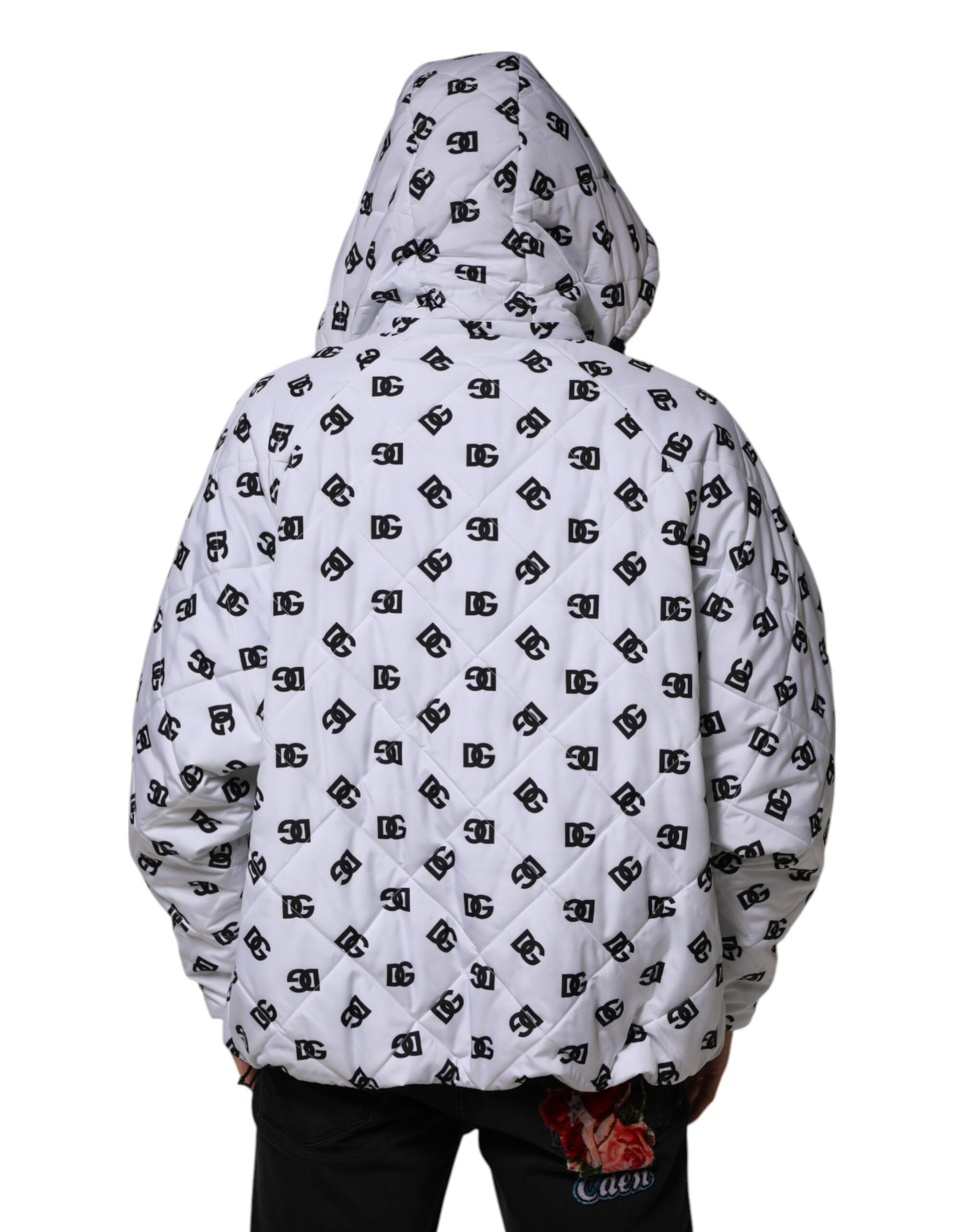 Dolce & Gabbana White DG Monogram Hooded Quilted Jacket