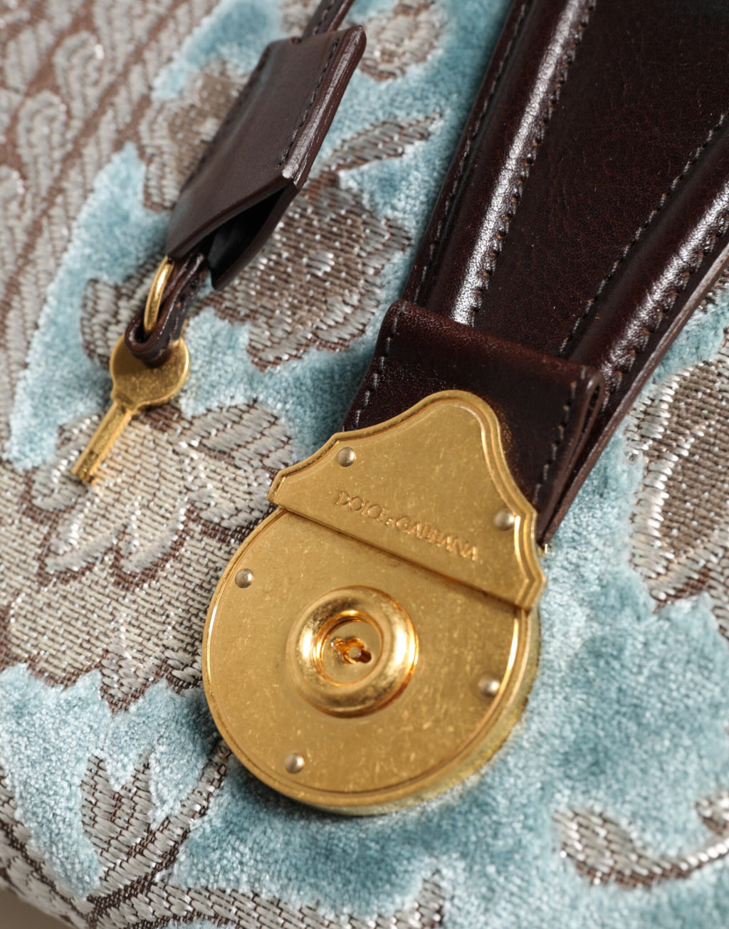 Dolce & Gabbana Blue Brown Leather Floral Jacquard Travel Handbag Bag