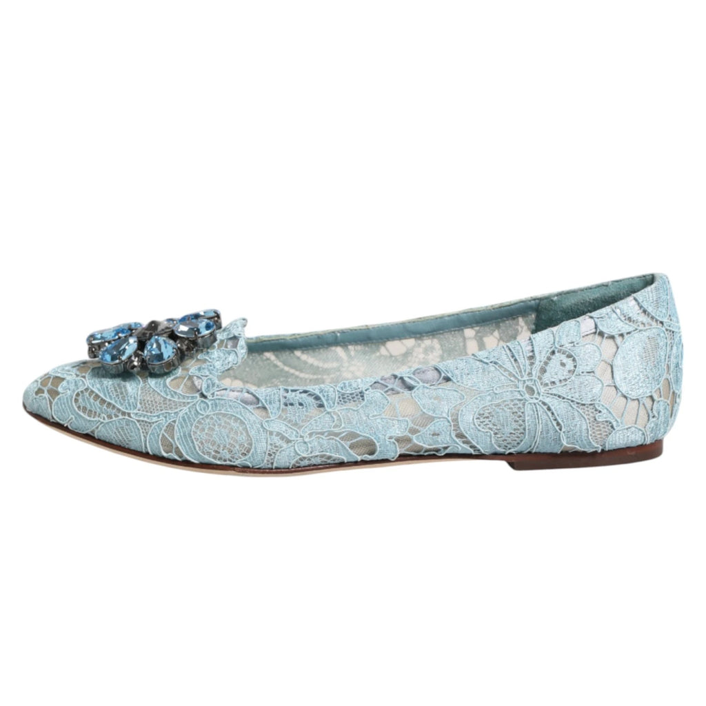 Dolce & Gabbana Blue Lace Crystal Ballet Flats Loafers Shoes