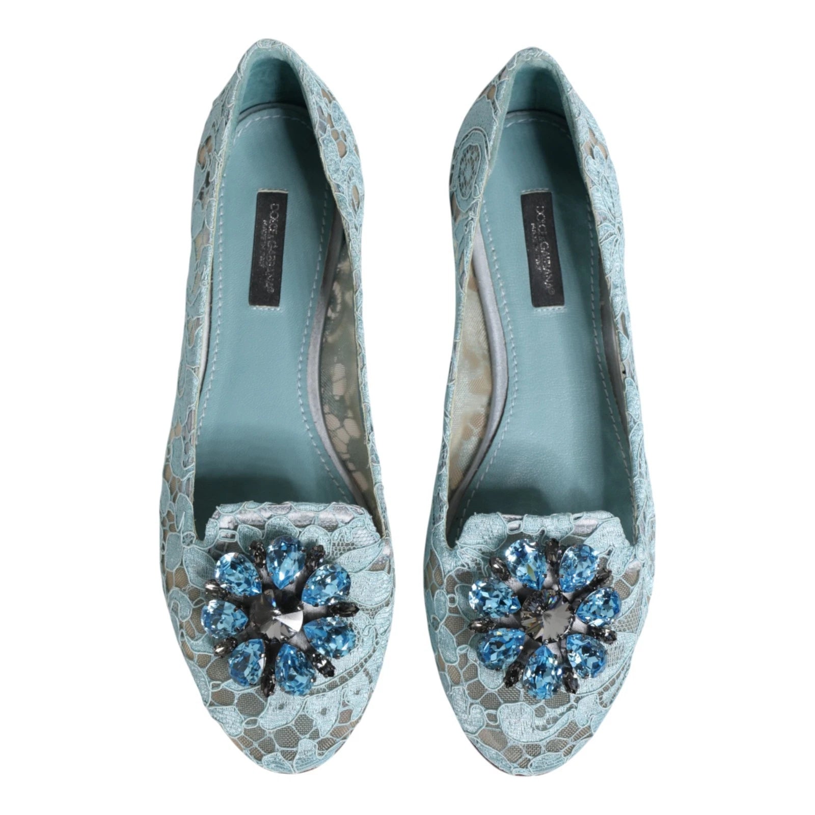 Dolce & Gabbana Blue Lace Crystal Ballet Flats Loafers Shoes