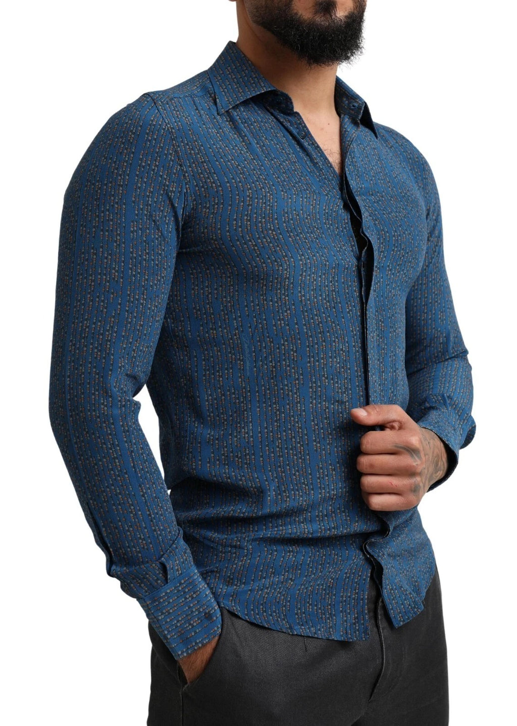 Dolce & Gabbana Blue MARTINI Silk Slim Fit Long Sleeves Shirt