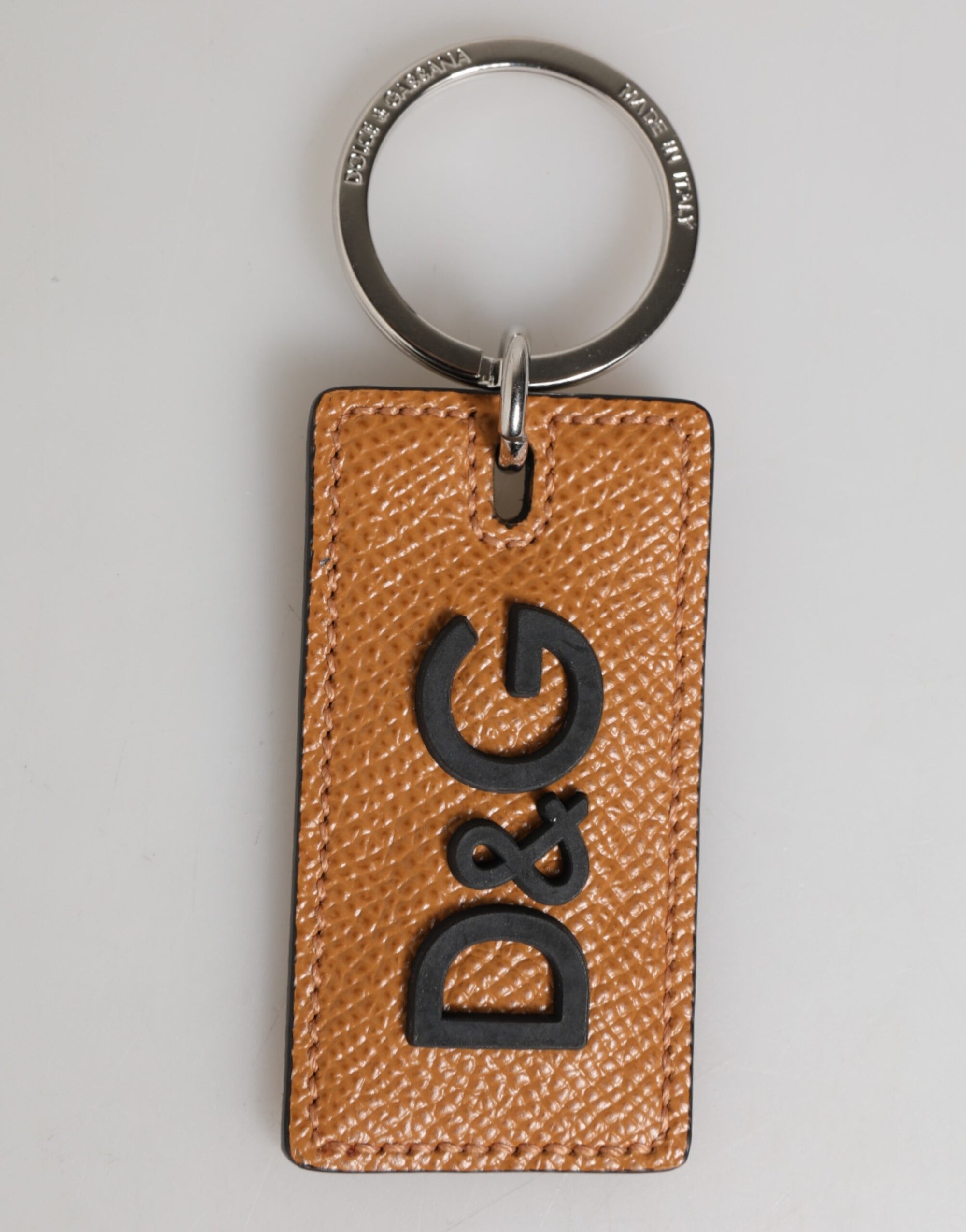 Dolce & Gabbana Brown Leather Logo Metal Ring Keychain Holder Men Keyring