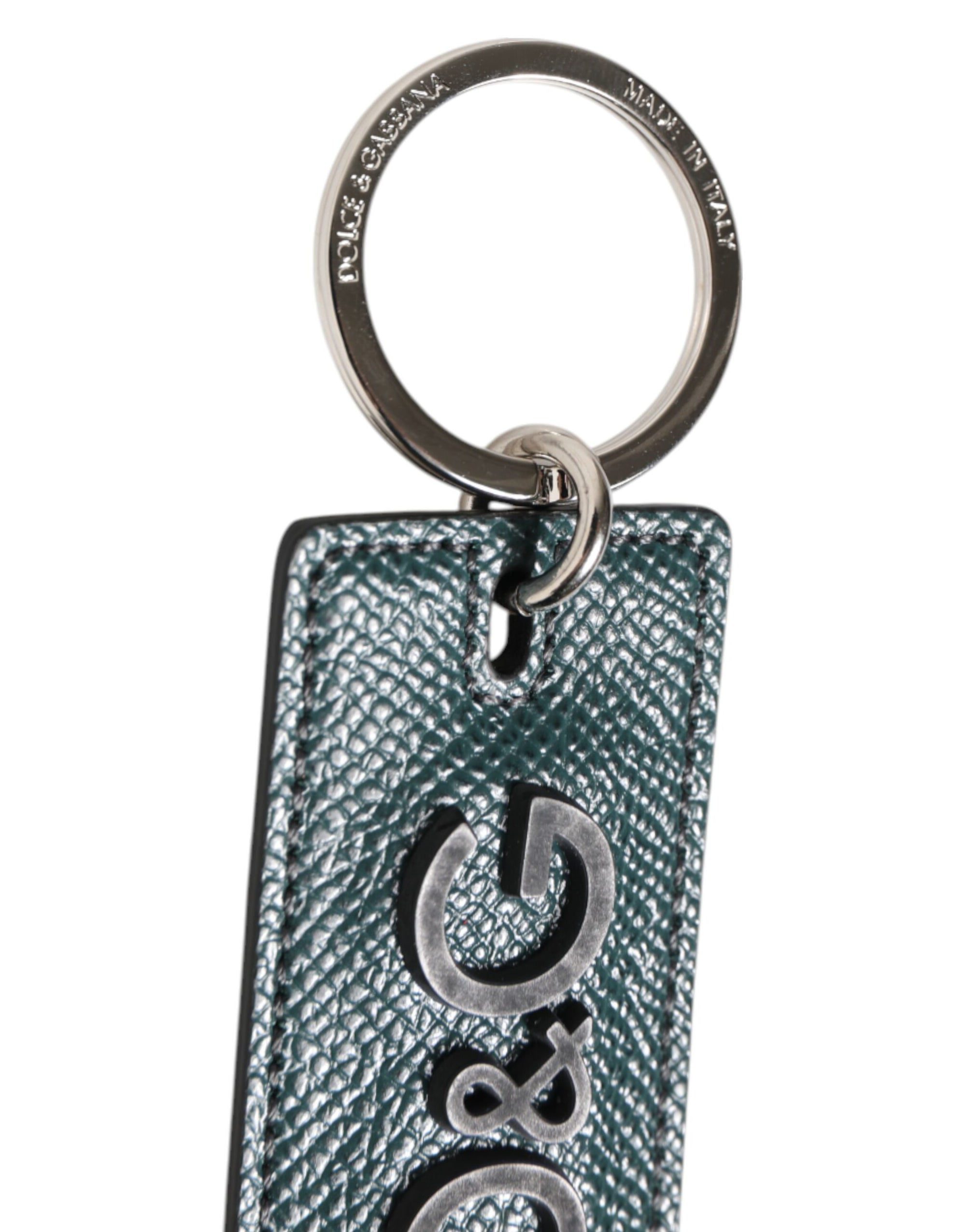 Dolce & Gabbana Army Green Leather Logo Metal Ring Men Keychain Keyring
