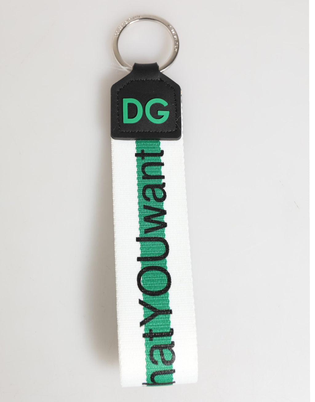 Dolce & Gabbana Green Logo Polyester Silver Brass Holder Keychain Keyring