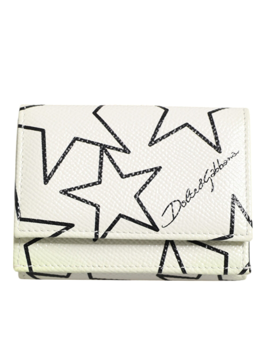 Dolce & Gabbana White Leather Trifold DG Star Print Card Holder Wallet