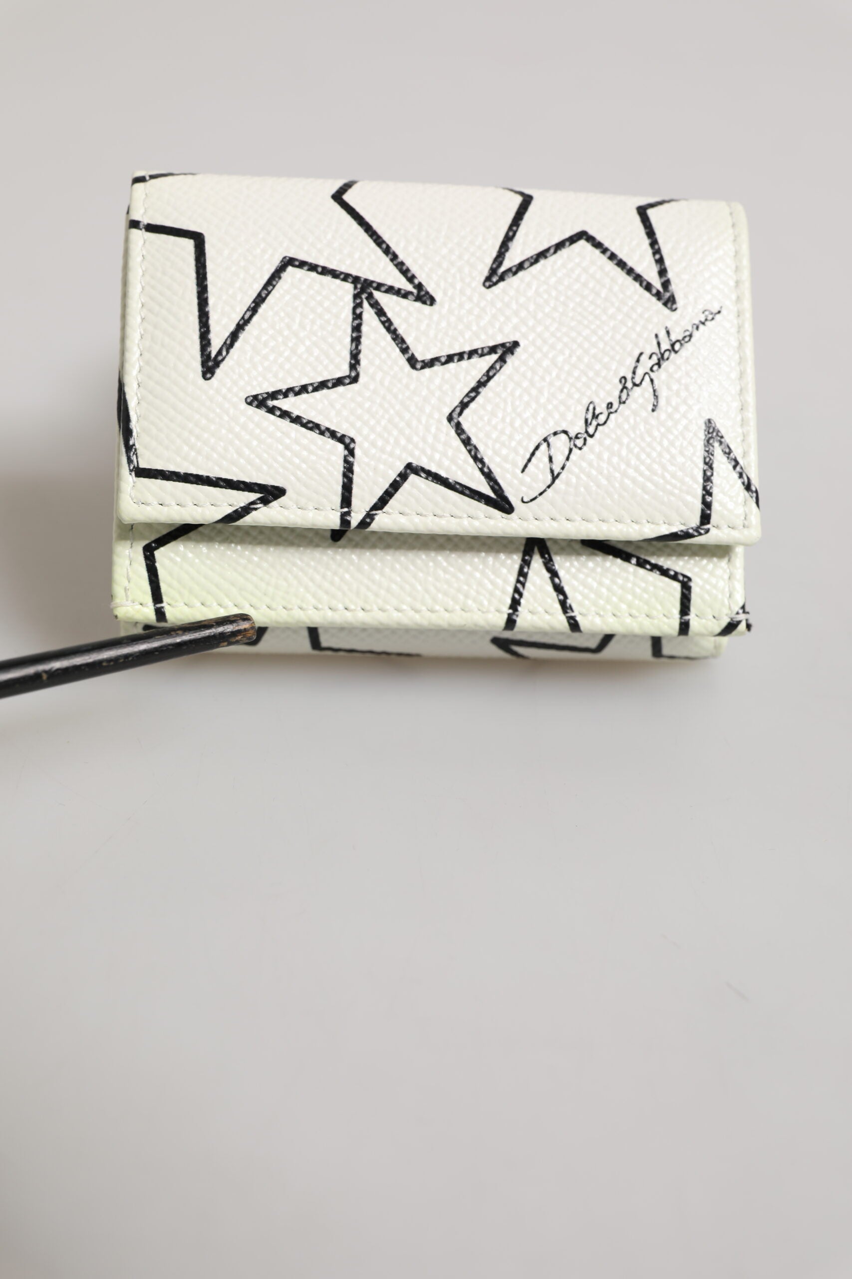 Dolce & Gabbana White Leather Trifold DG Star Print Card Holder Wallet