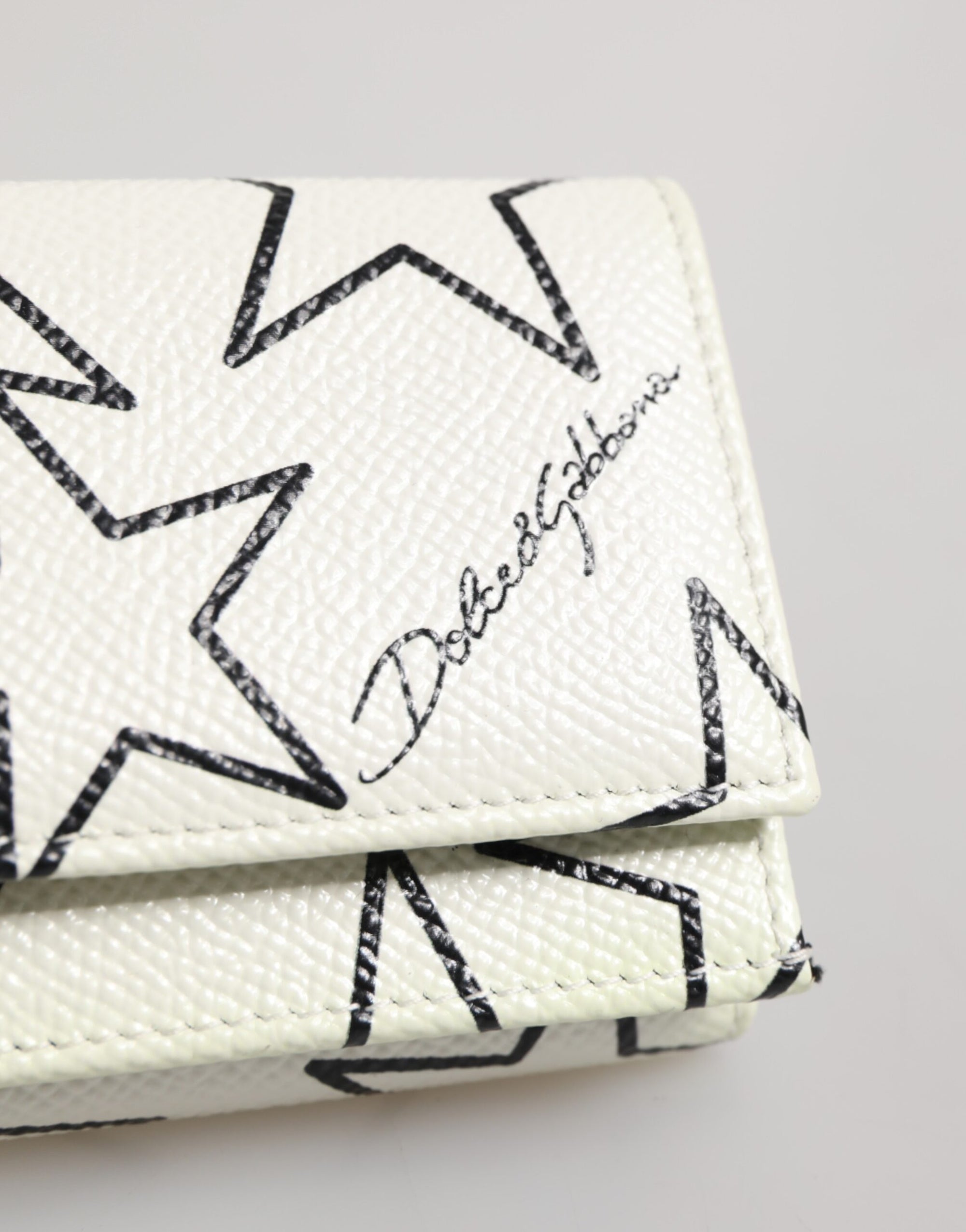 Dolce & Gabbana White Leather Trifold DG Star Print Card Holder Wallet