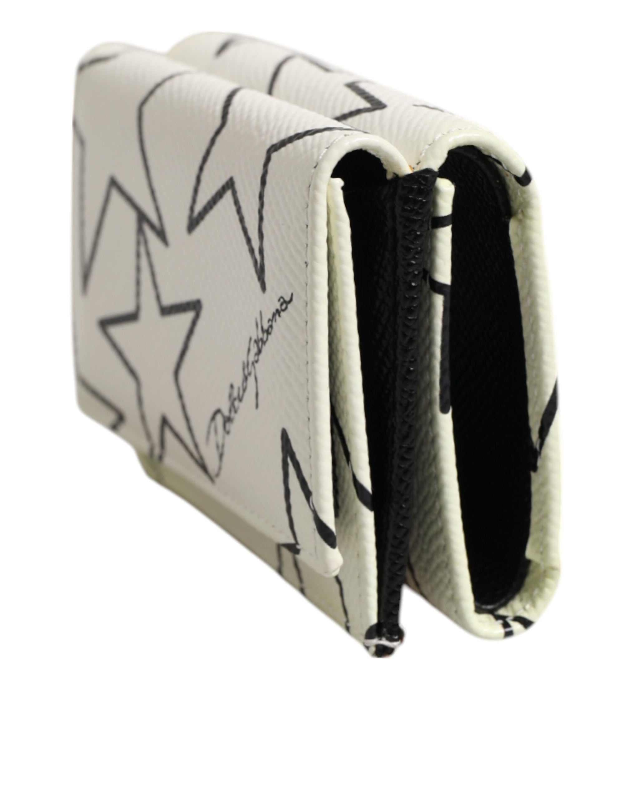 Dolce & Gabbana White Leather Trifold DG Star Print Card Holder Wallet