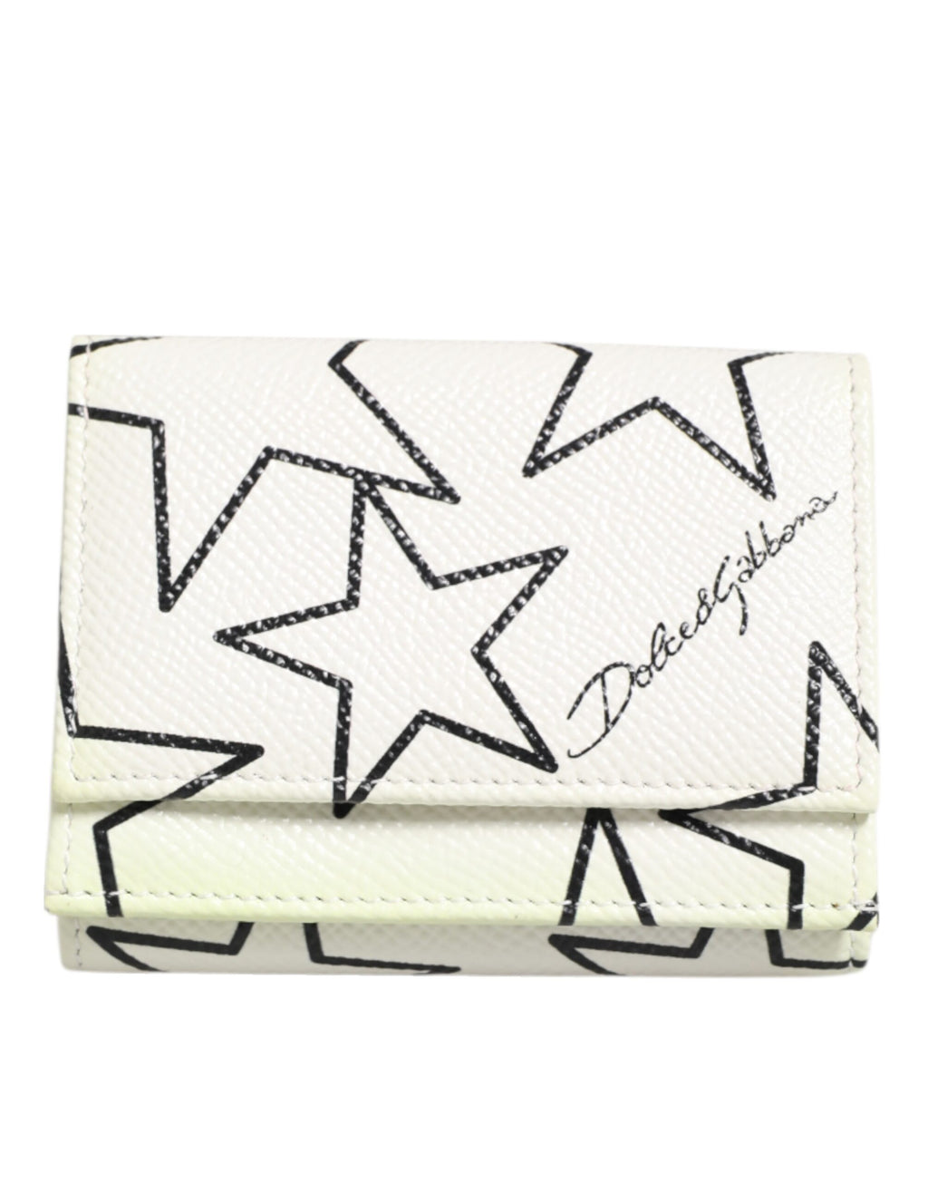 Dolce & Gabbana White Leather Black Star Print Trifold Card Holder Wallet