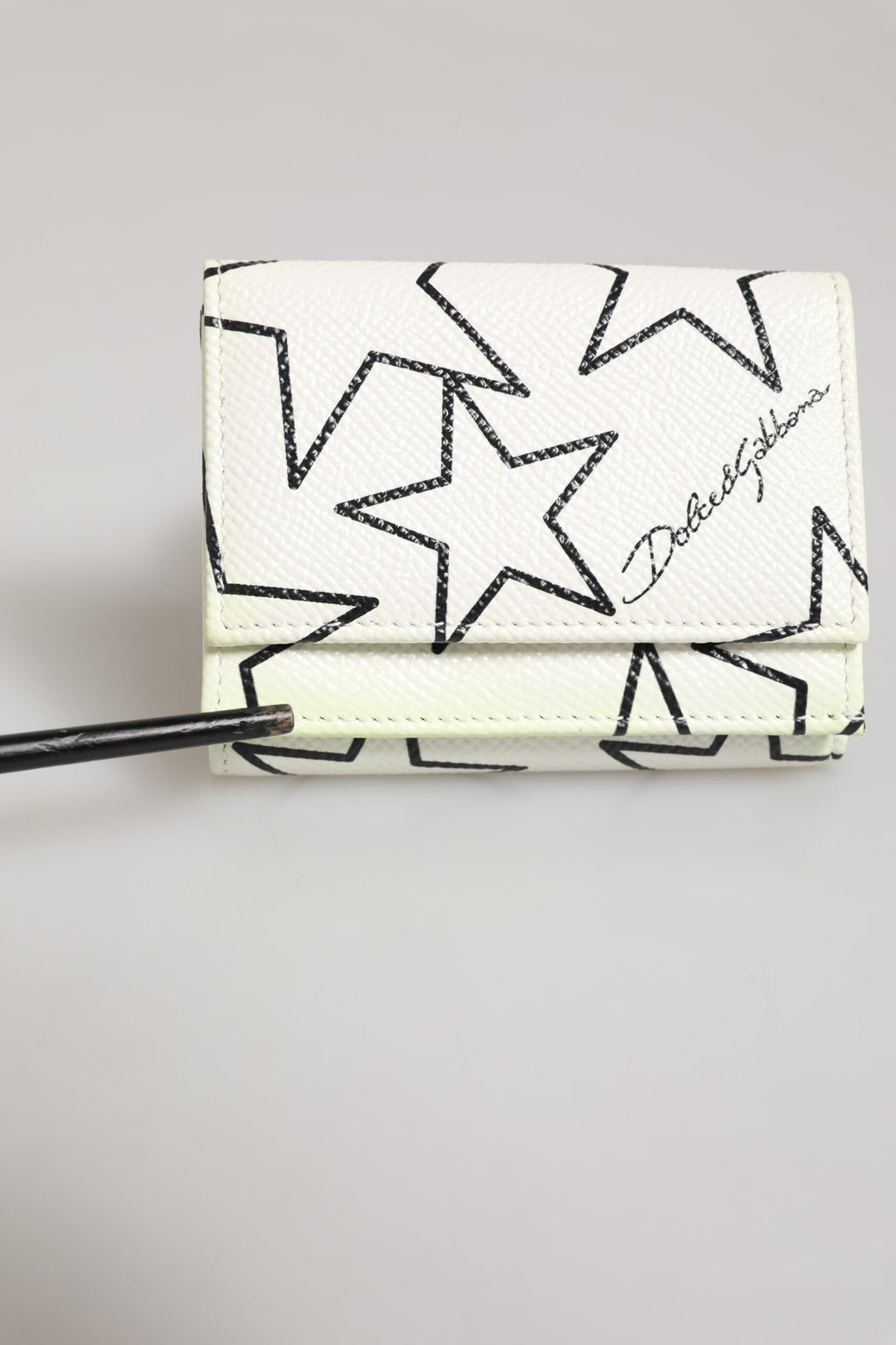 Dolce & Gabbana White Leather Black Star Print Trifold Card Holder Wallet