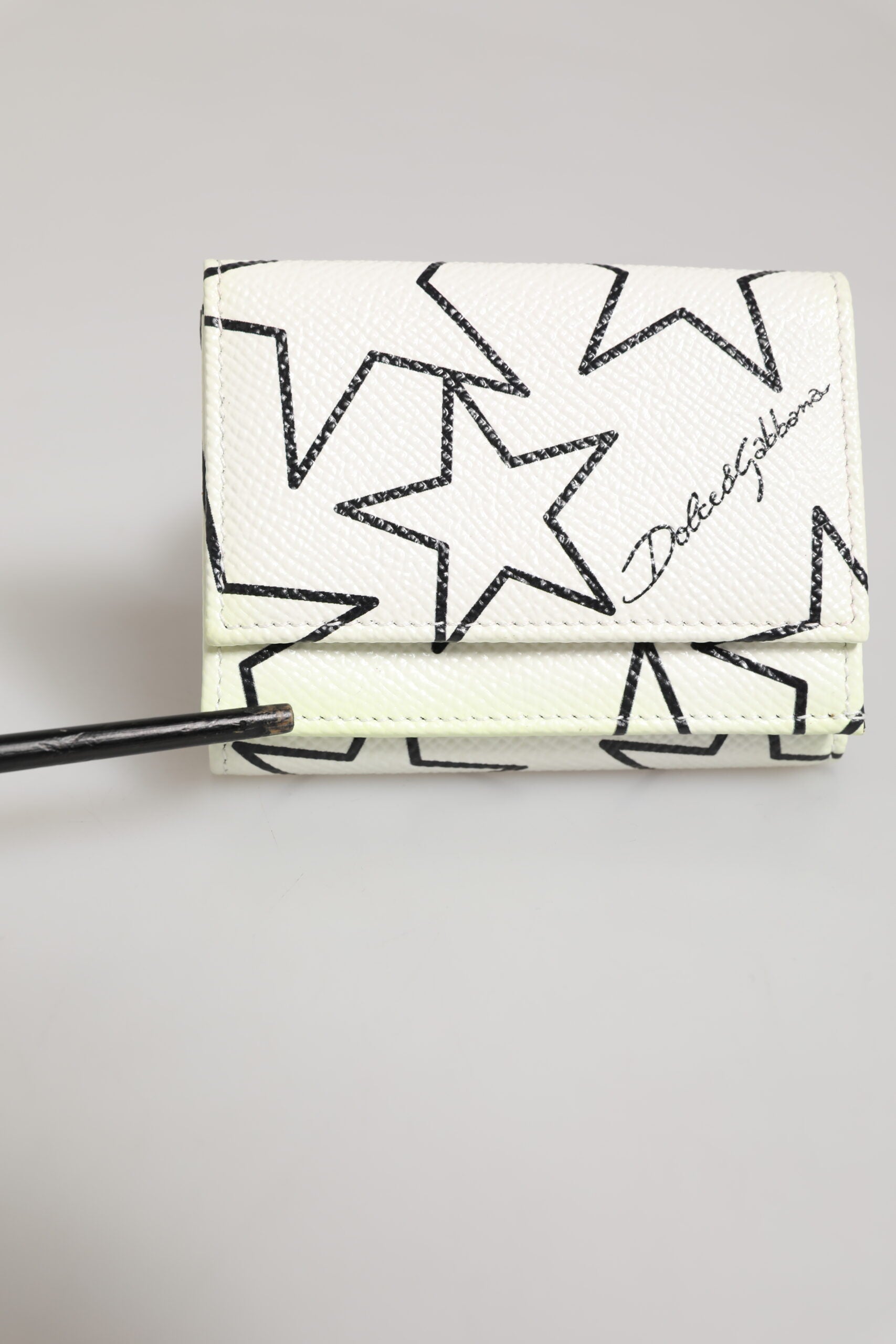 Dolce & Gabbana White Leather Black Star Print Trifold Card Holder Wallet