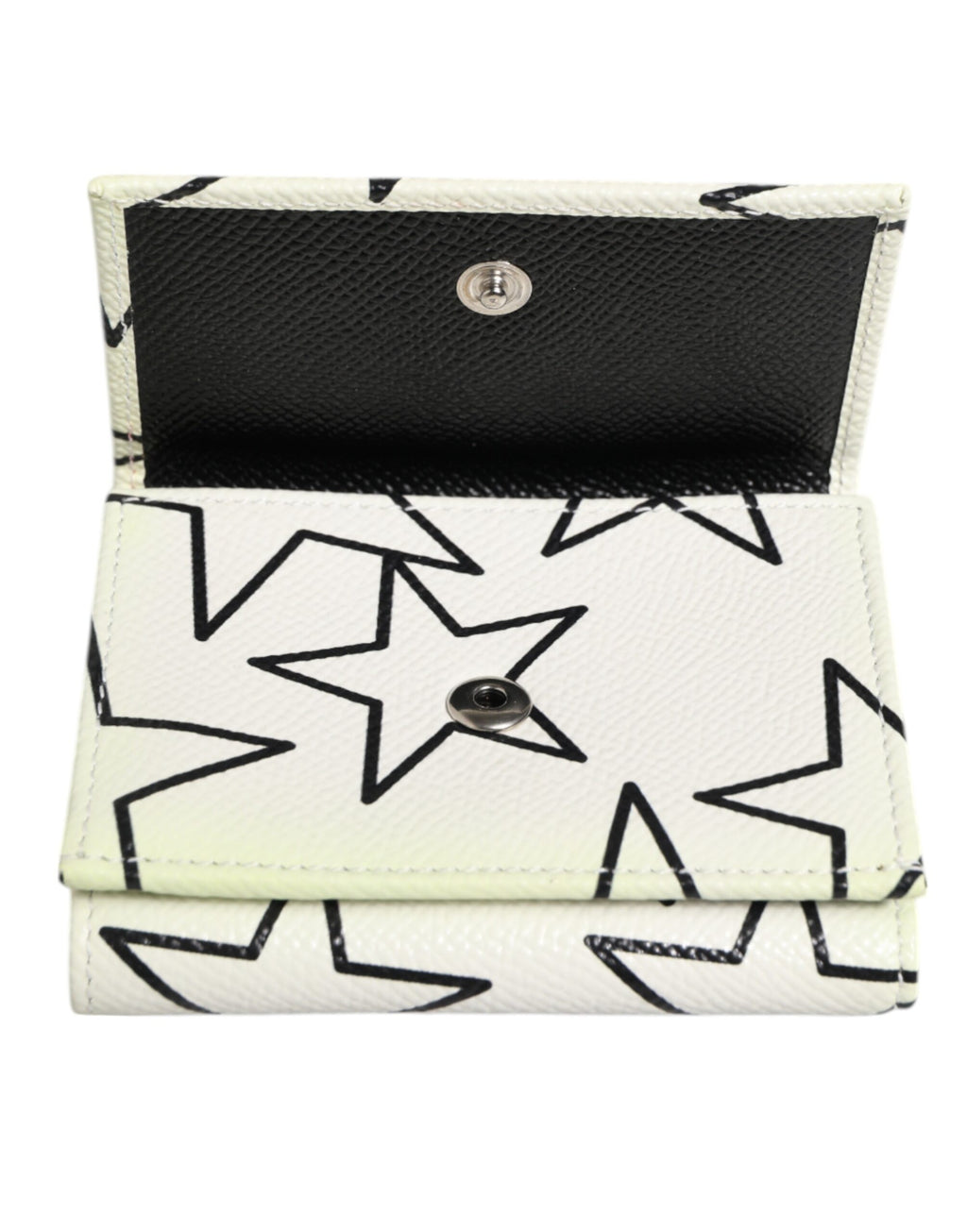 Dolce & Gabbana White Leather Black Star Print Trifold Card Holder Wallet