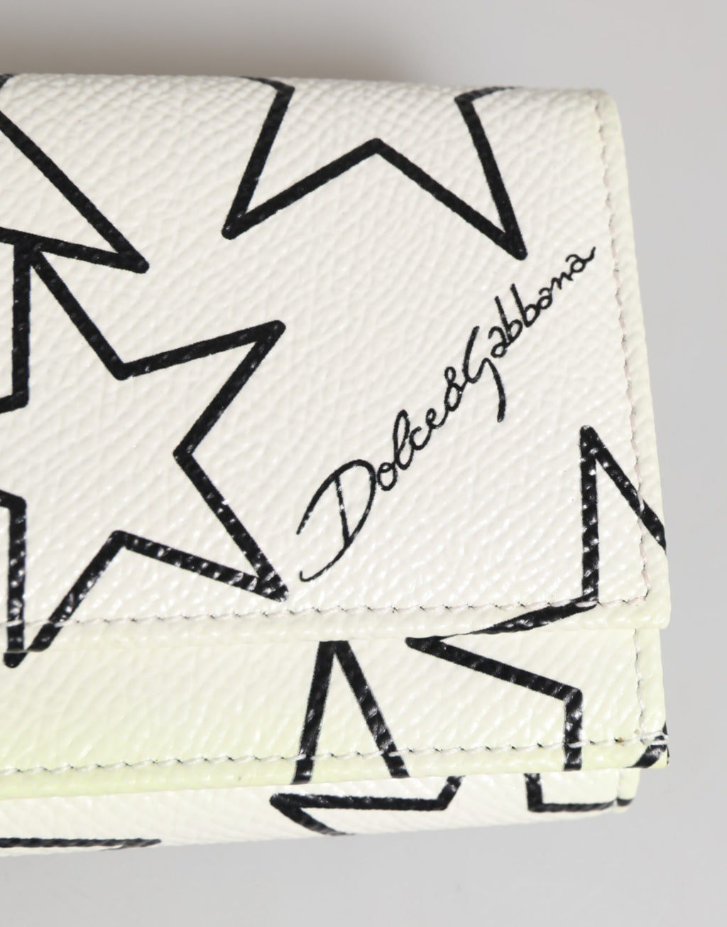 Dolce & Gabbana White Leather Black Star Print Trifold Card Holder Wallet