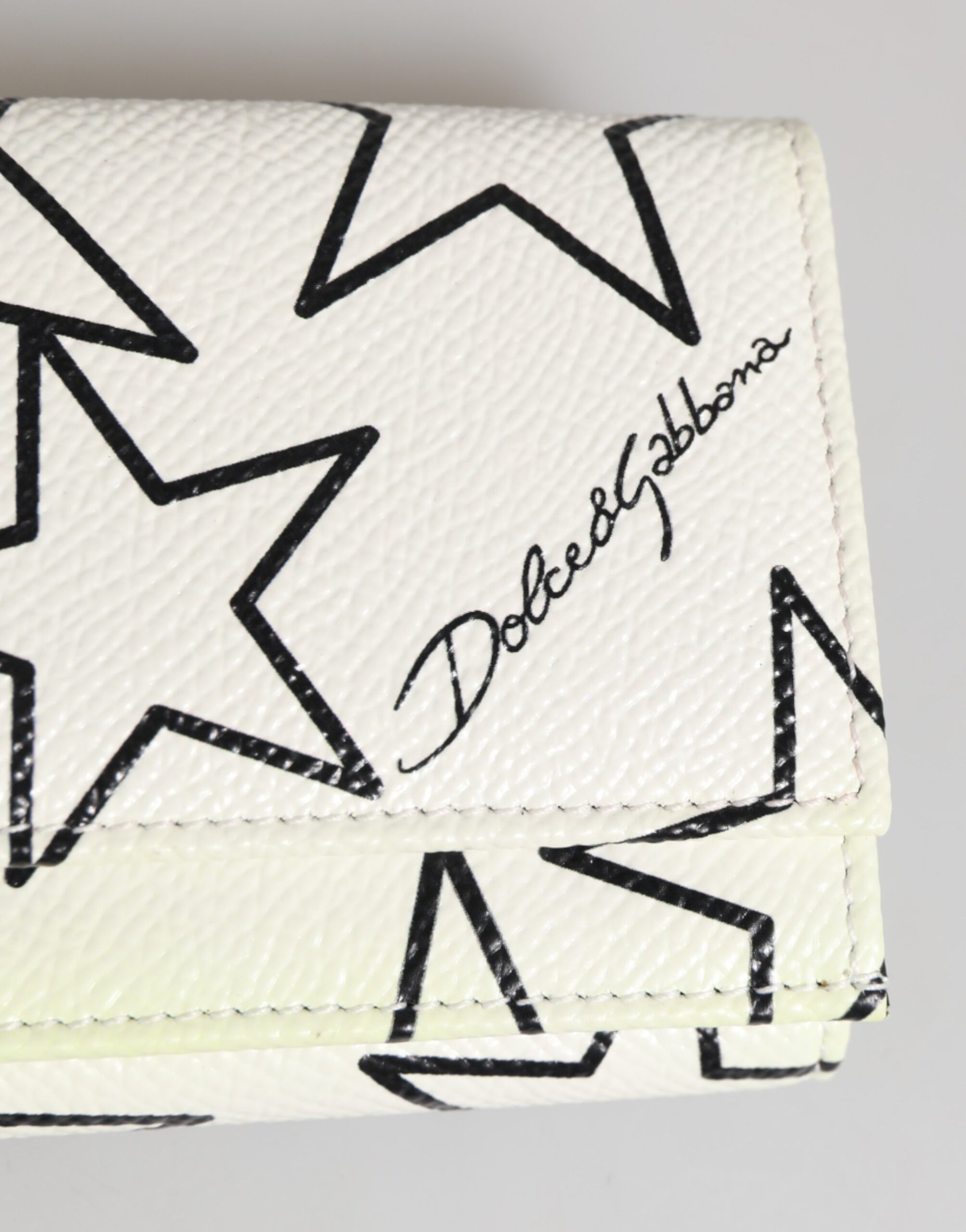 Dolce & Gabbana White Leather Black Star Print Trifold Card Holder Wallet