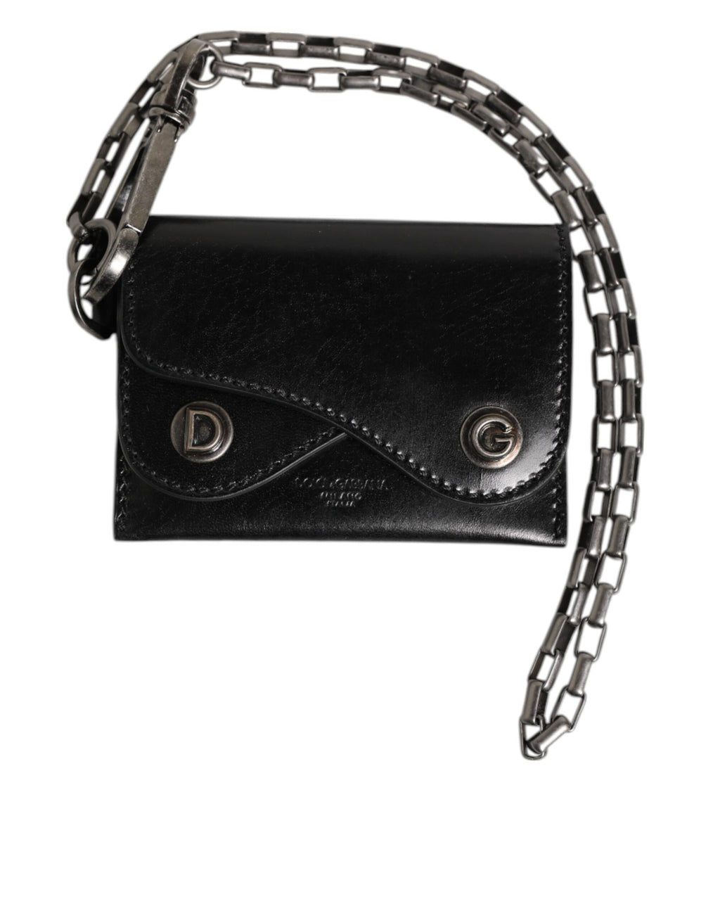 Dolce & Gabbana Black Cavallo Leather Wallet Chain Snap Bifold Card Holder