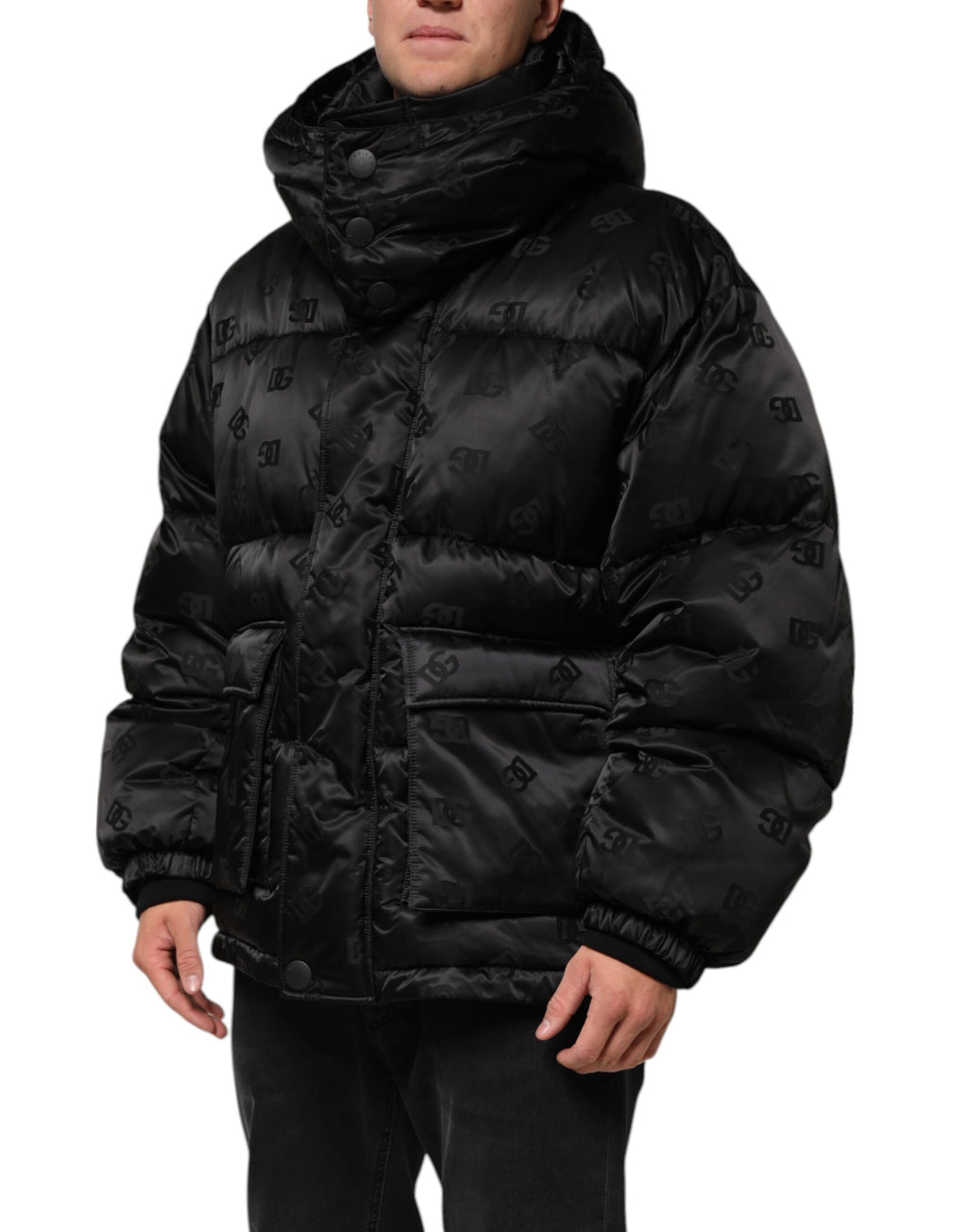 Dolce & Gabbana Black Monogram Logo Puffer Nylon Hooded Jacket