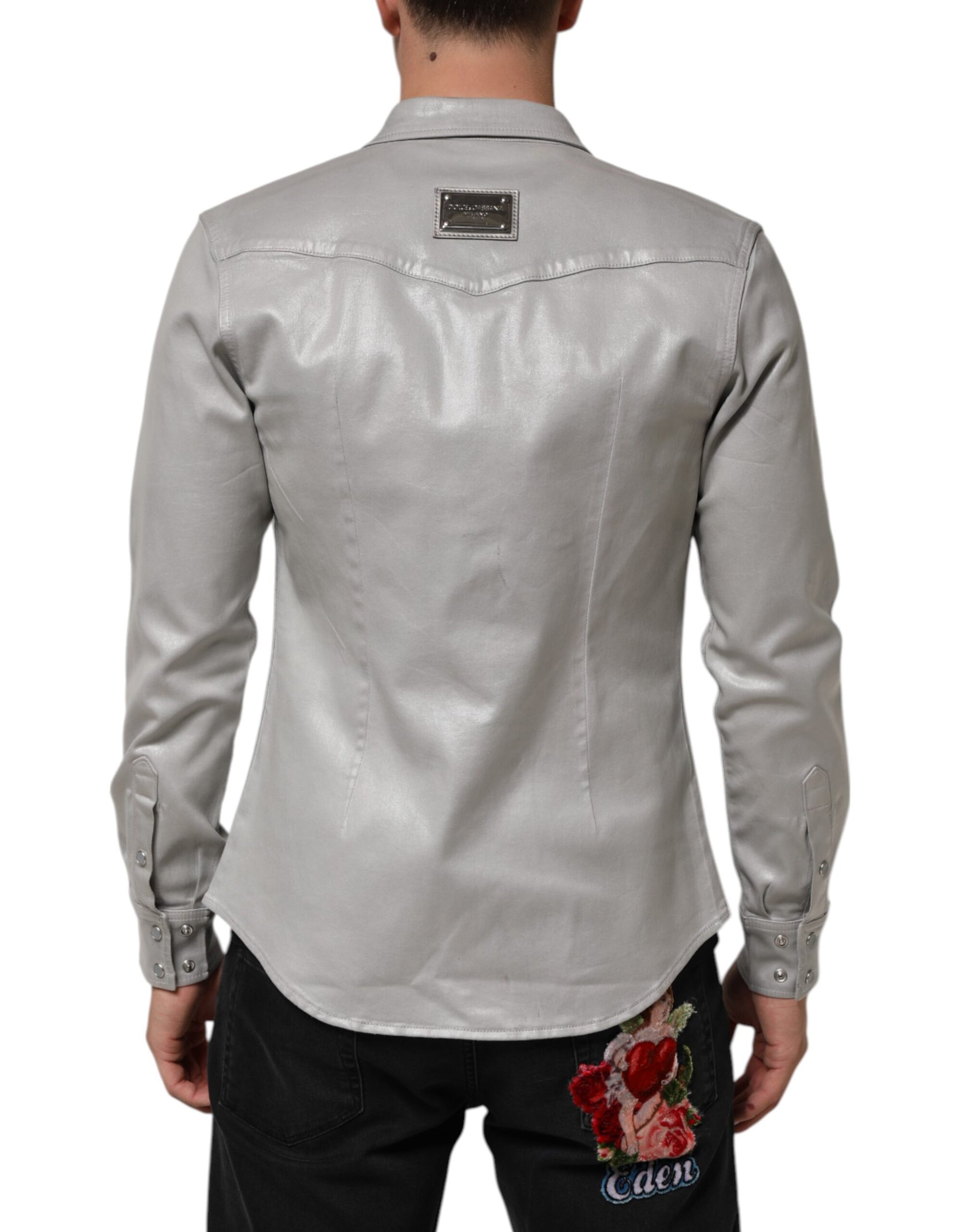 Dolce & Gabbana Gray Coated Cotton Snap Button Logo Men Shirt